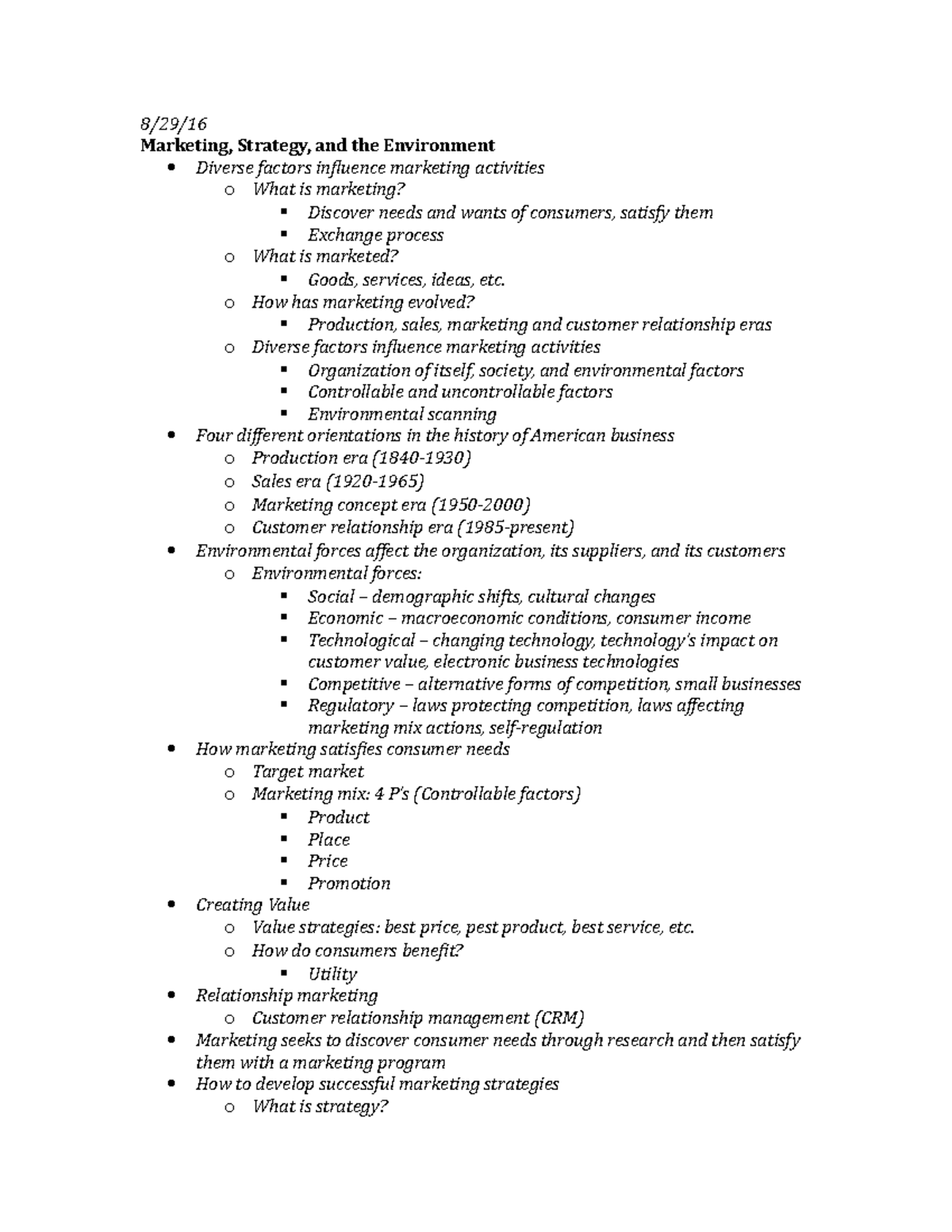 MKT Notes - 8/29/ Marketing, Strategy, and the Environment Diverse ...