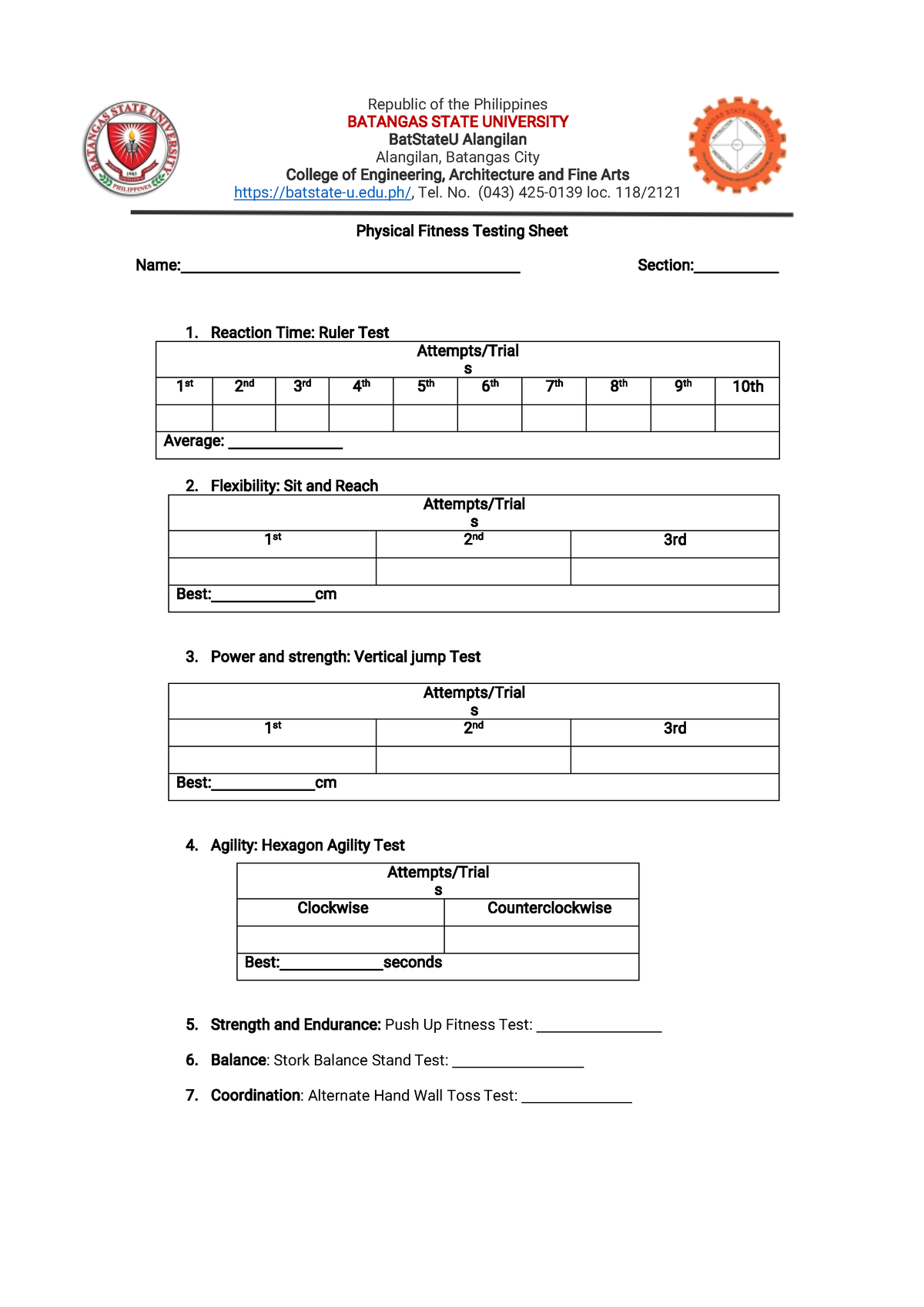 Physical Fitness Testing Sheet Republic Of The Philippines BATANGAS   Thumb 1200 1697 