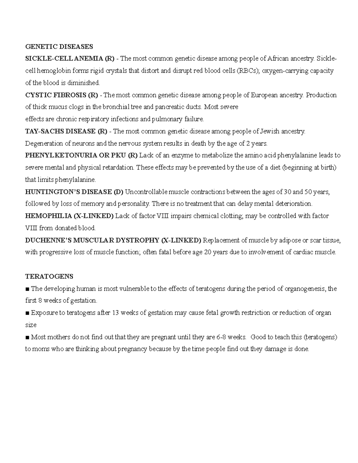 OB Week 1 - Notes from Chapters 3,4, and 5 - GENETIC DISEASES SICKLE ...