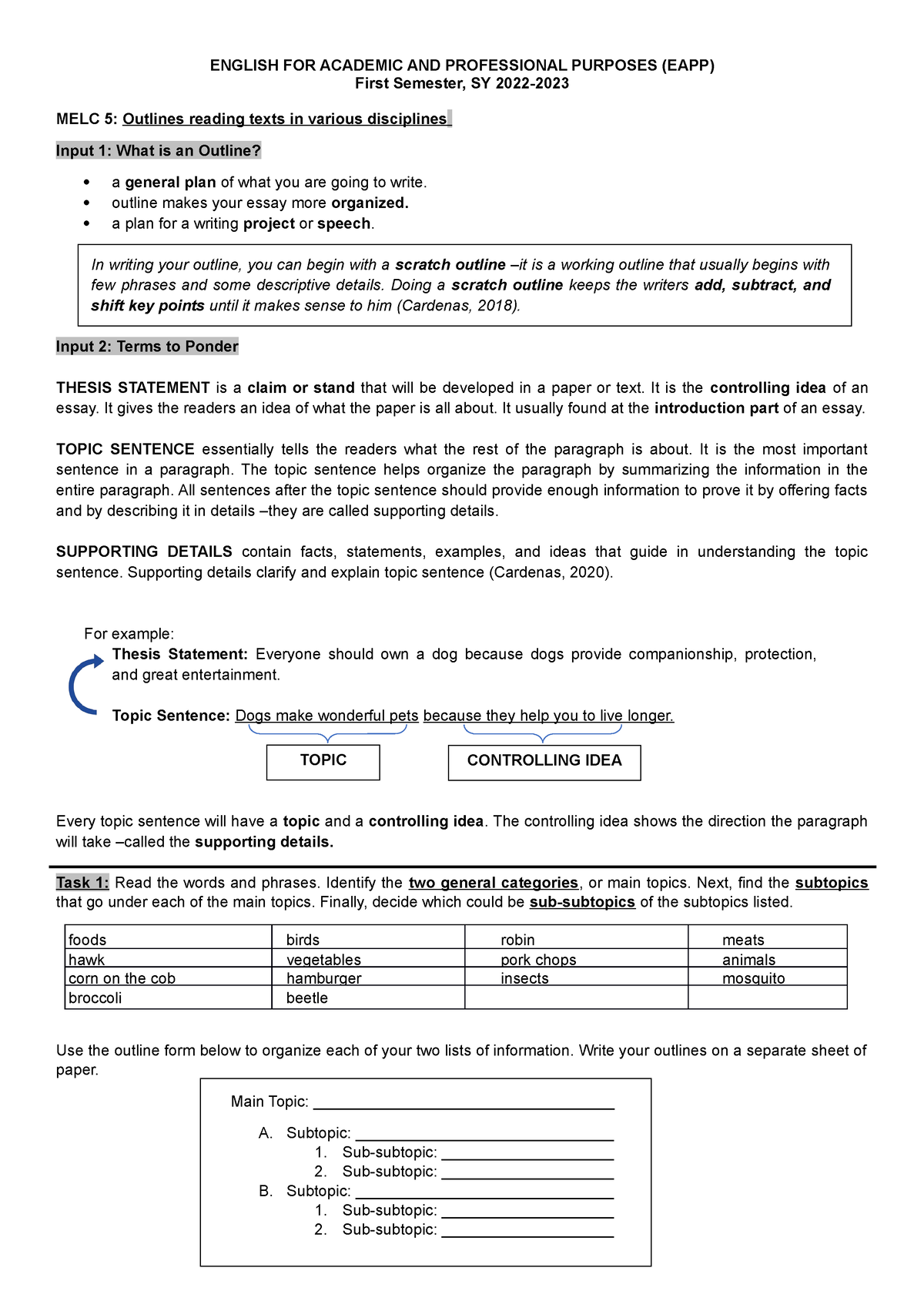 EAPP-IM5-Outlining - EAPP Lesson. - ENGLISH FOR ACADEMIC AND ...