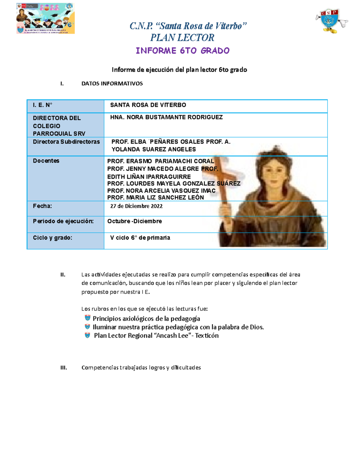 Informe PLAN Lector Diciembre - Informe De Ejecución Del Plan Lector ...