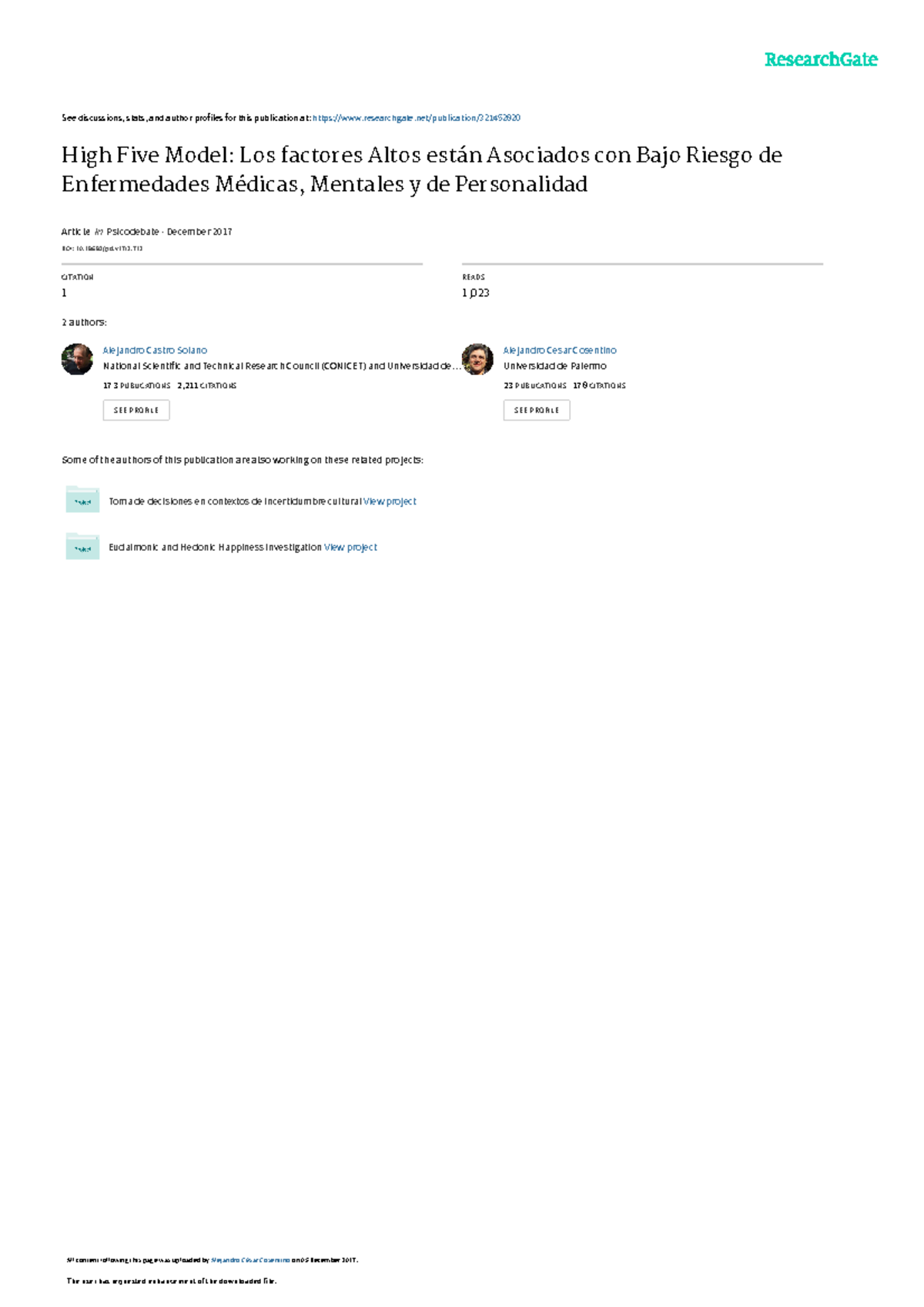 High Five Model Los factores Altos estan Asociados - See discussions ...