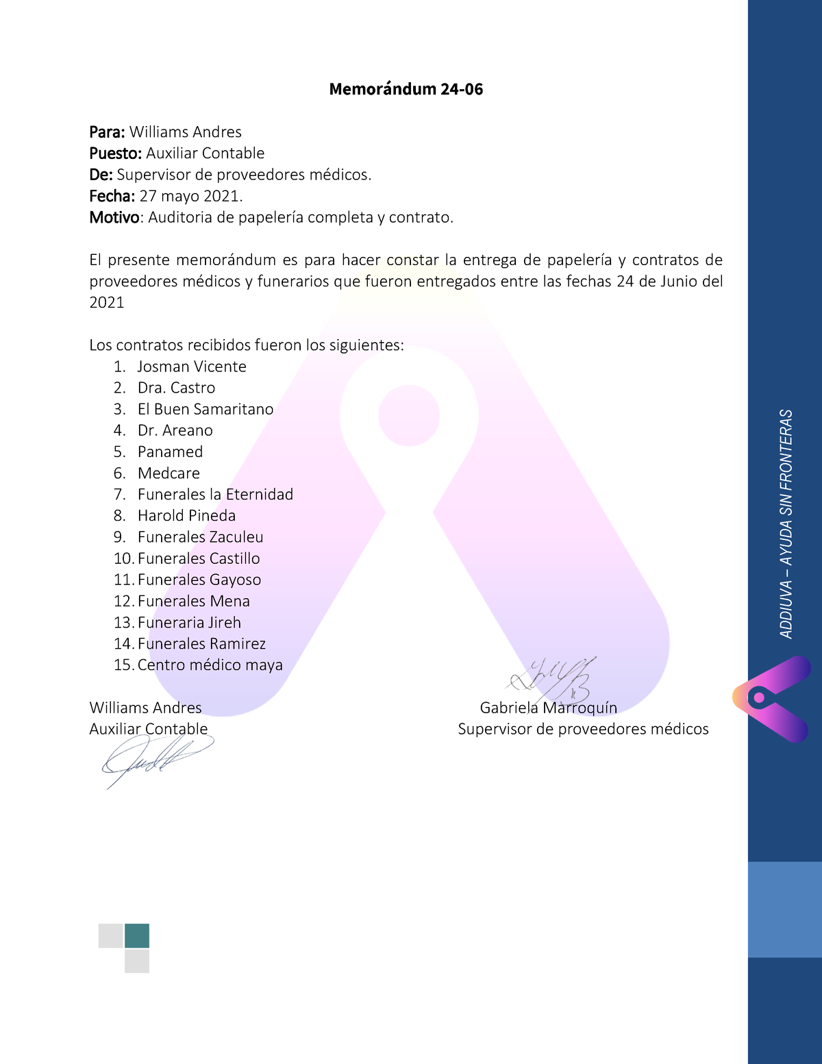 Memoradum De Entrega De Expedientes 24 - ADDIUVA - AYUDA SIN FRONTERAS ...