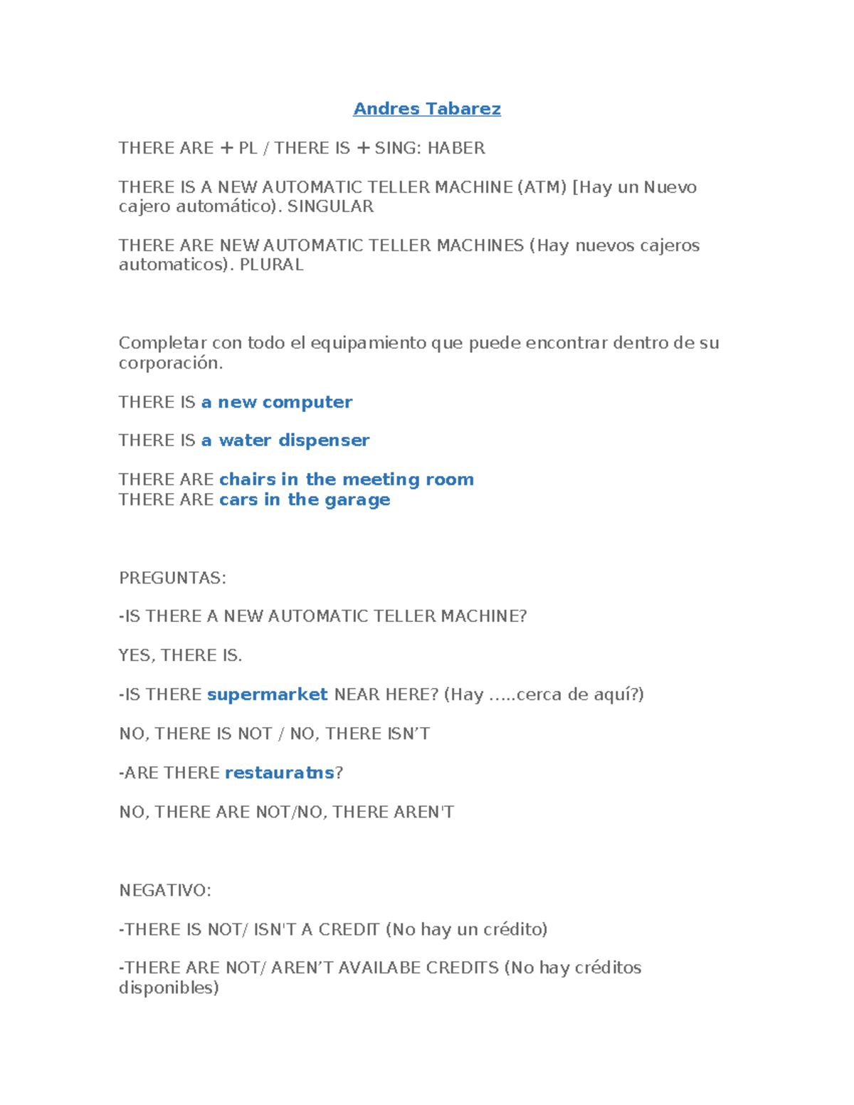 Act 1 Ingles trabajo - Andres Tabarez THERE ARE + PL / THERE IS + SING ...