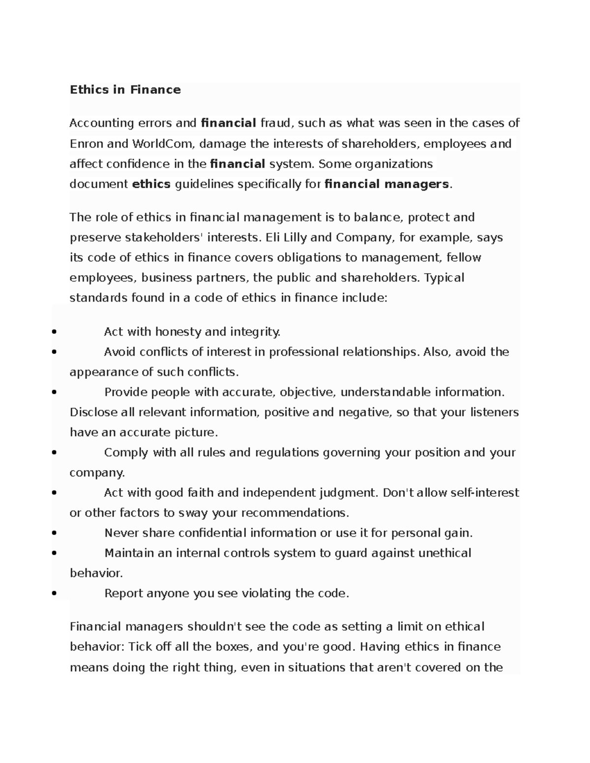 Ethics in Finance and Accounting Business Studocu