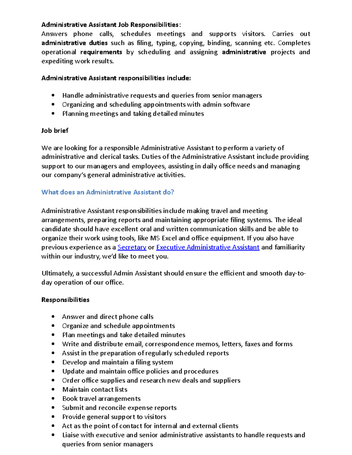 Administrative Assistant Job Responsibilities - Carries out ...