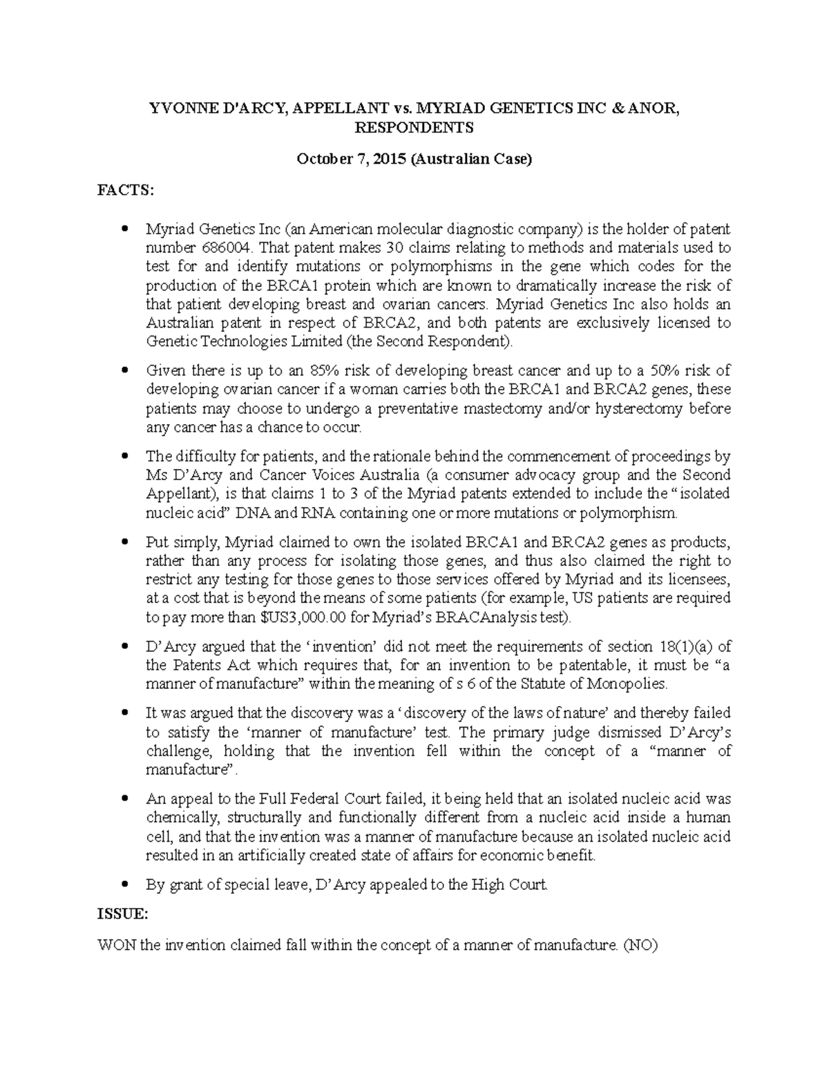 D Arcy vs. Myriad Intellectual Property Case YVONNE D'ARCY