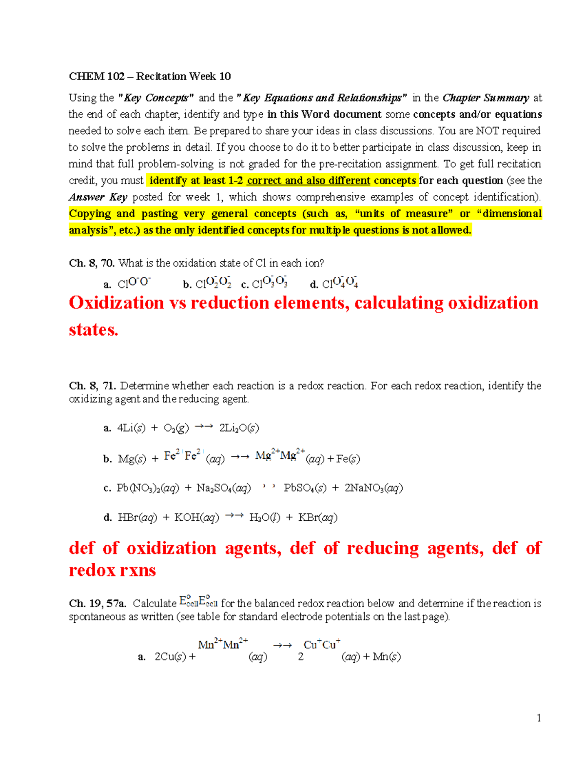 CHEM 102 - WEEK 10 - Recitation Questions AND Concepts - CHEM 102 - Studocu