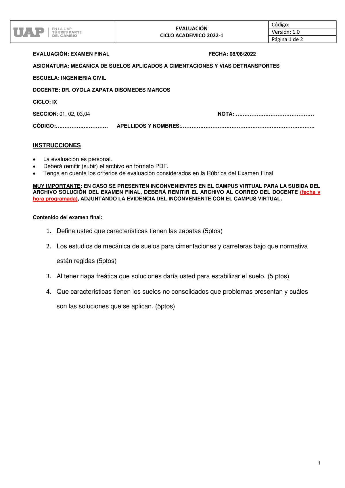 Examen Final Mecanica Suelos Cimentacion 2022-1 - EVALUACI”N CICLO ...