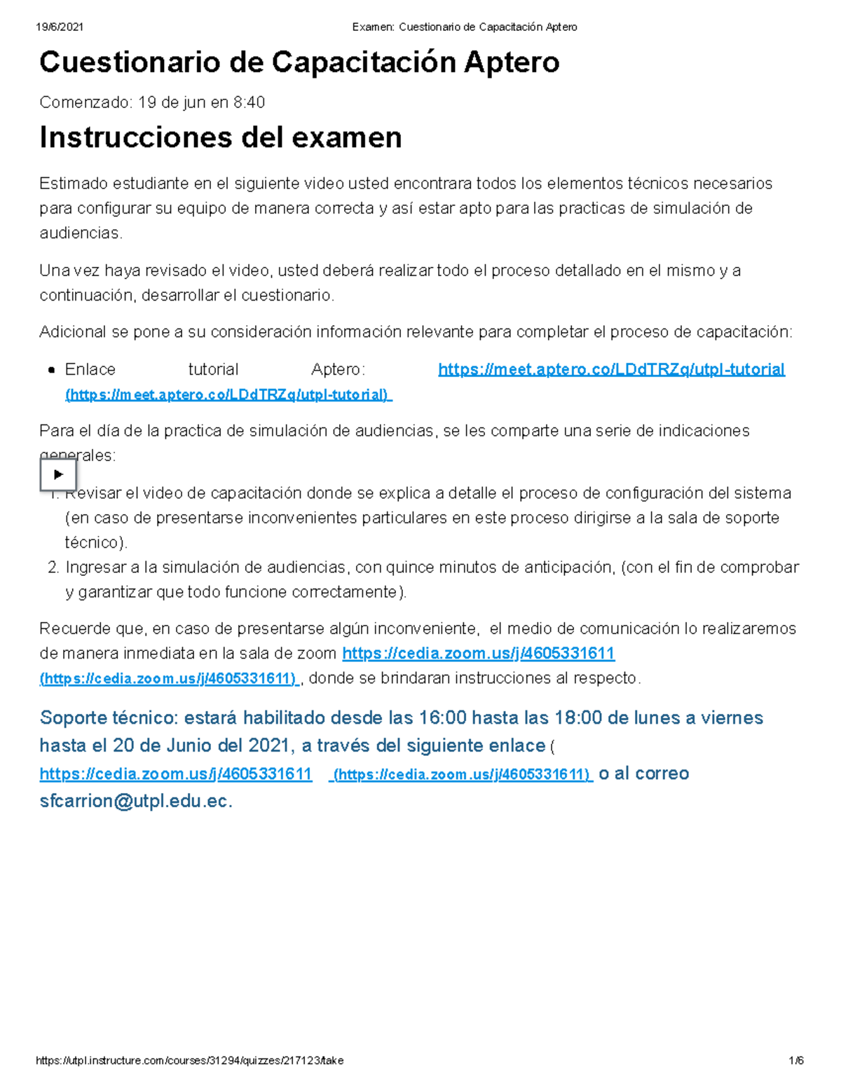 Examen Cuestionario de Capacitación Aptero - Cuestionario de ...