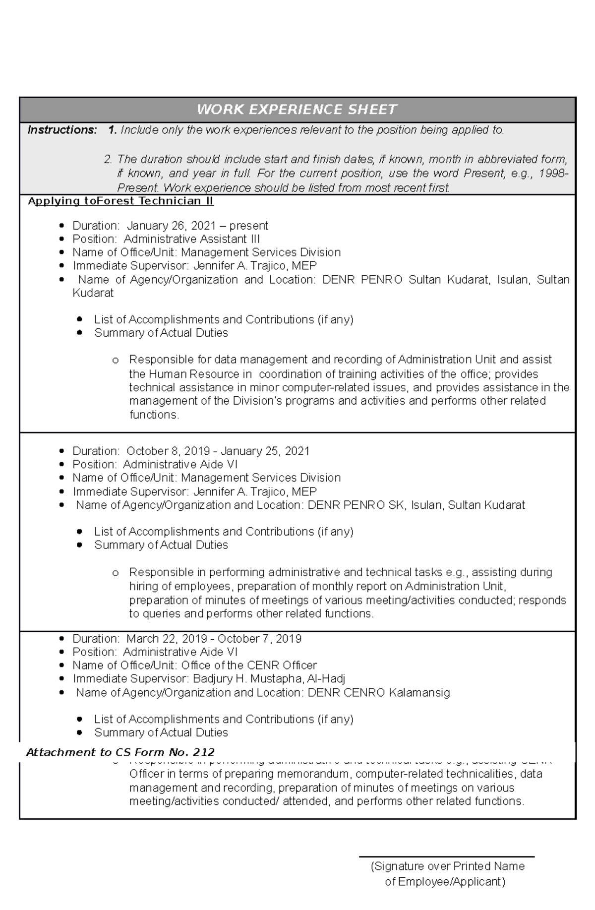 Work experience sheet Copy - WORK EXPERIENCE SHEET Instructions: 1 ...