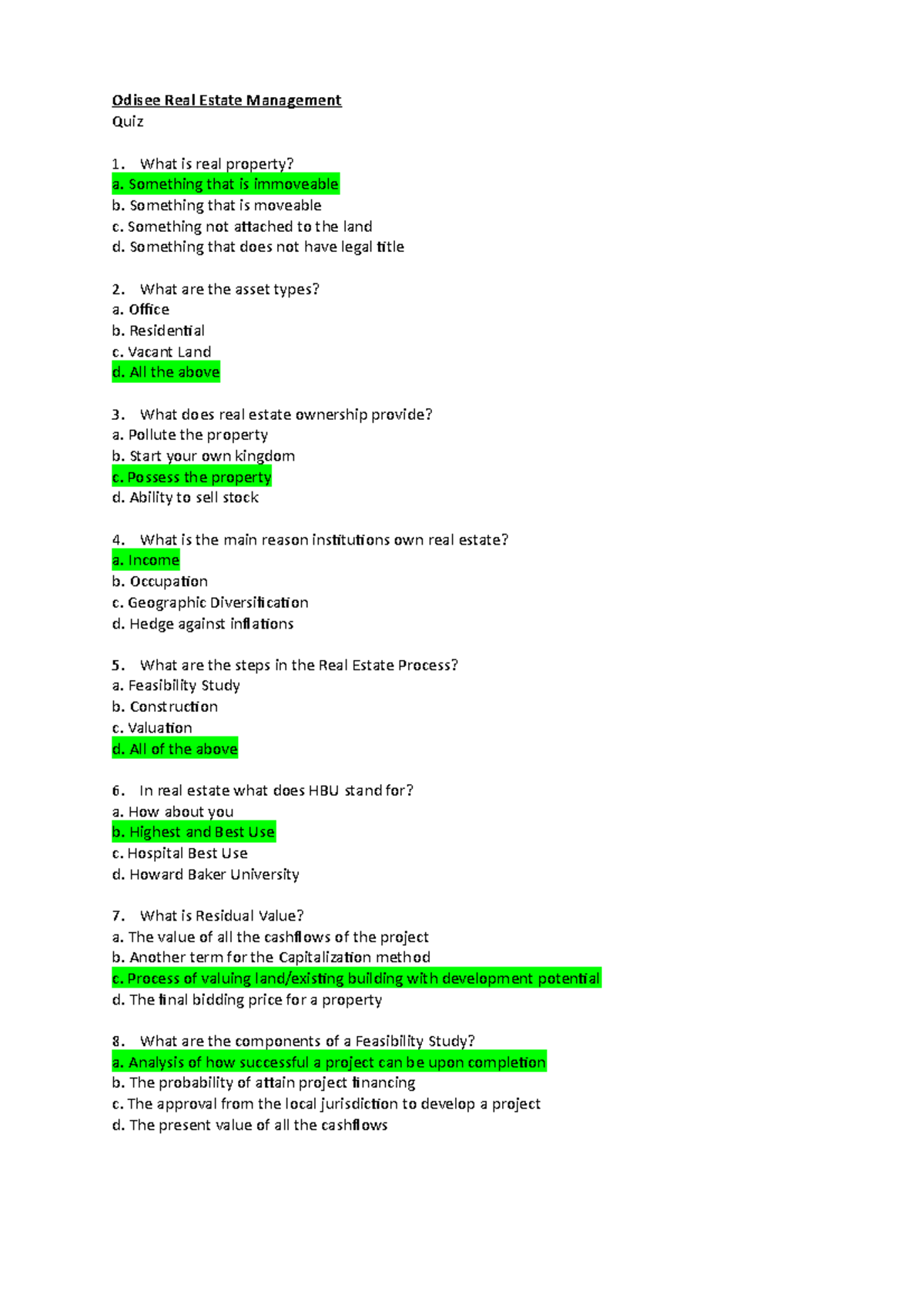 Odisee RE Quiz for Students Odisee Real Estate Management Quiz What