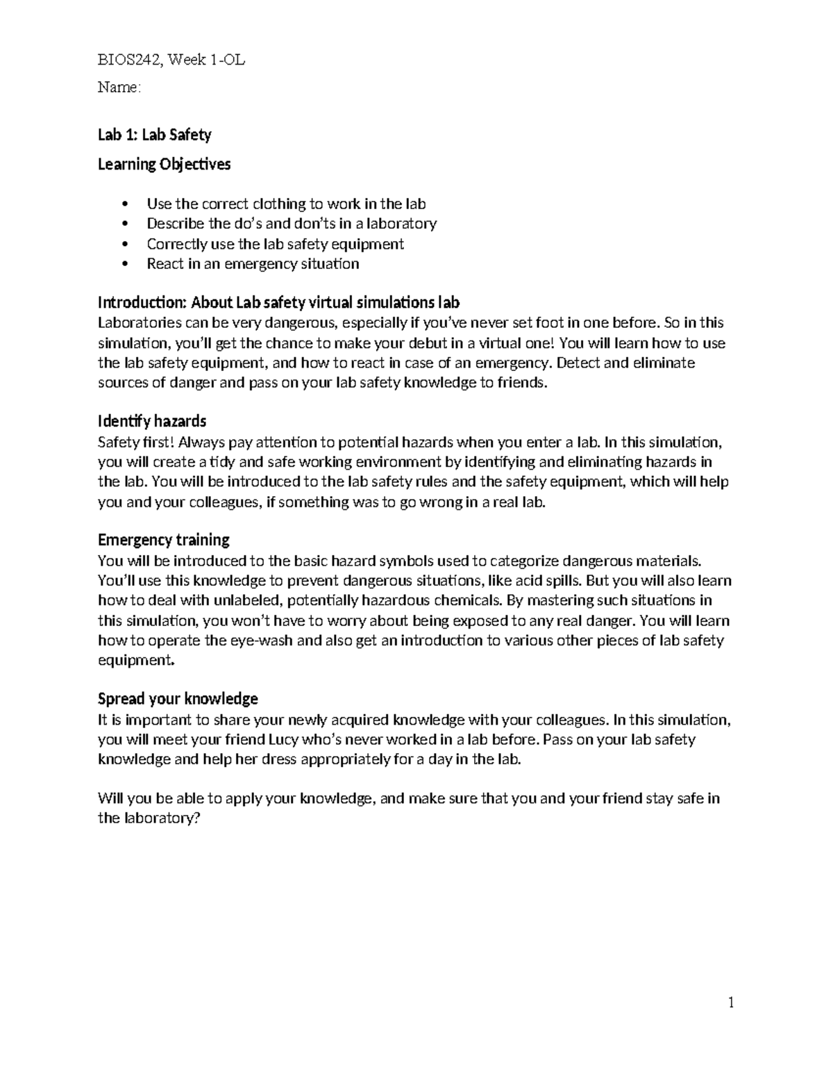 OL Lab Safety - n/a - BIOS242, Week 1-OL Name: Lab 1: Lab Safety ...