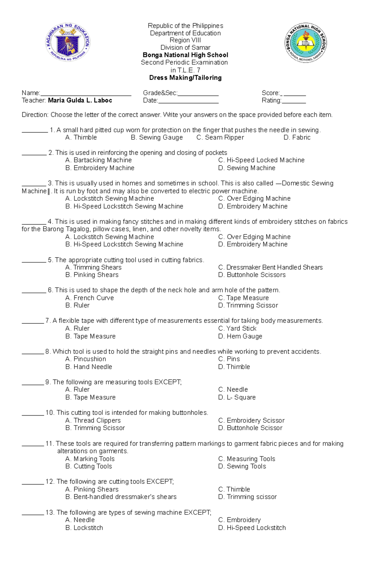Tailoring-EXAM-final - Republic of the Philippines Department of ...