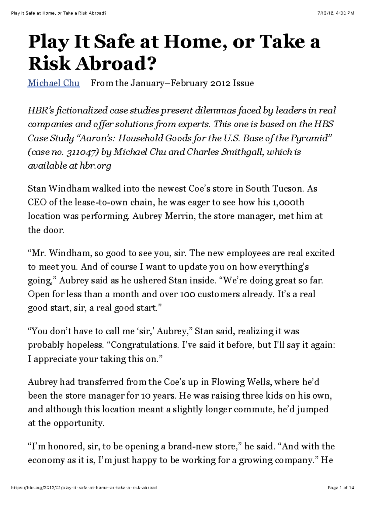 Strategy Play It Safe at Home, or Take a Risk Abroad Play It Safe at Home, or Take a Risk