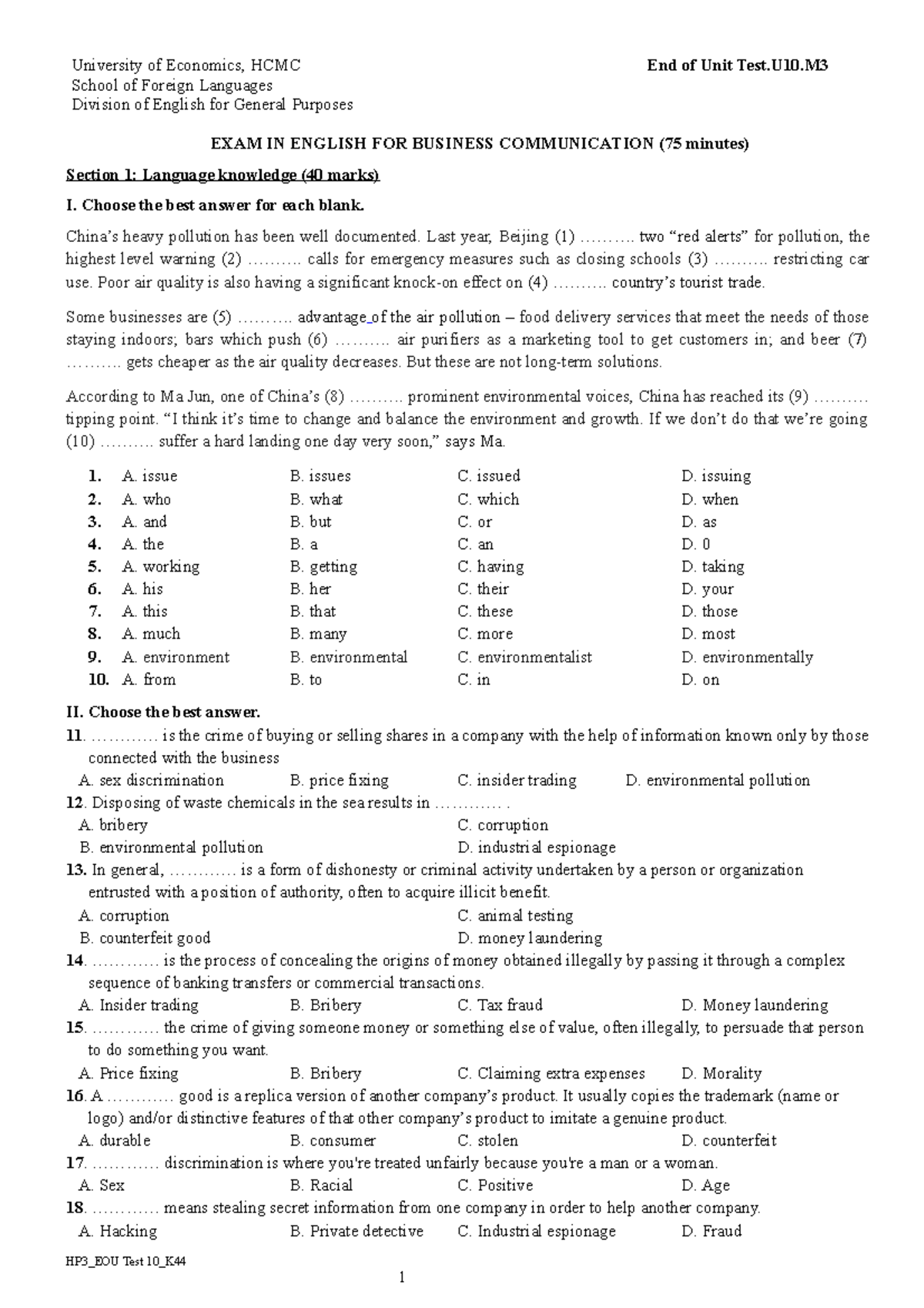 End of Unit 10 Test - End of Unit 10 Test - University of Economics ...