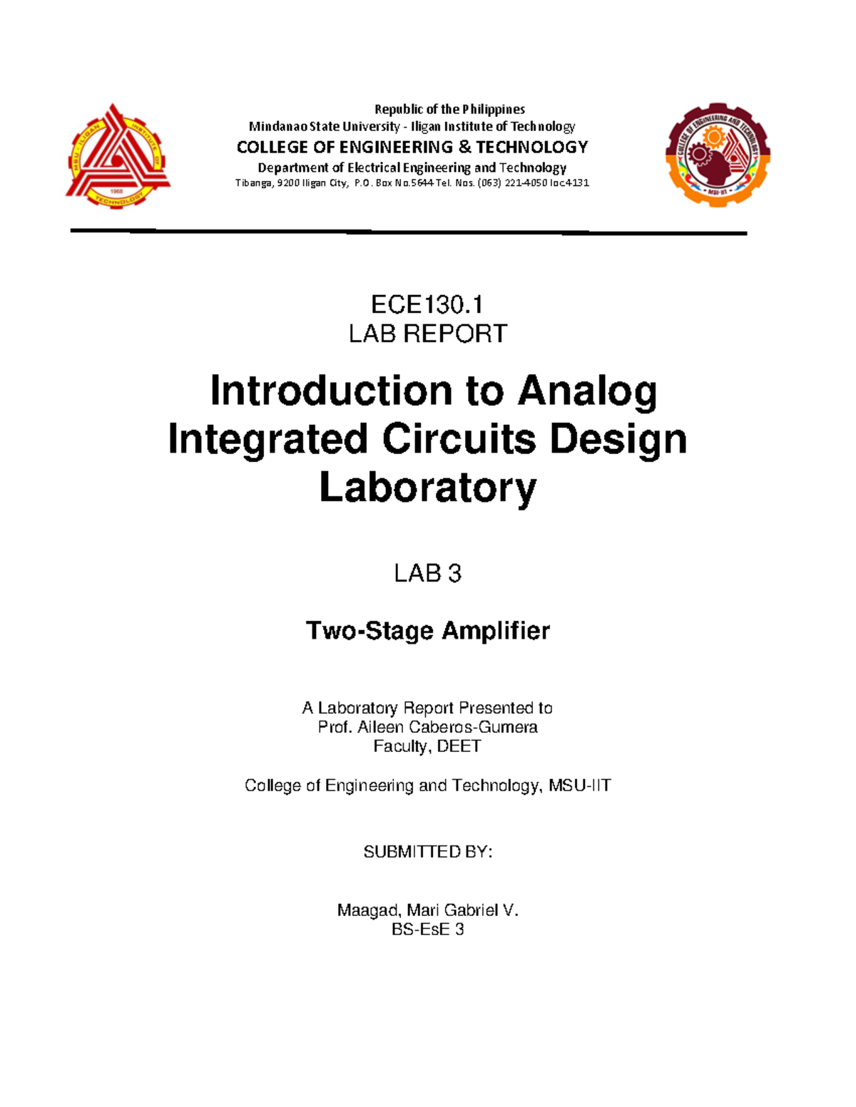 ECE130.1 LAB 3 Two-Stage Amplifier - Introduction to Analog Integrated ...