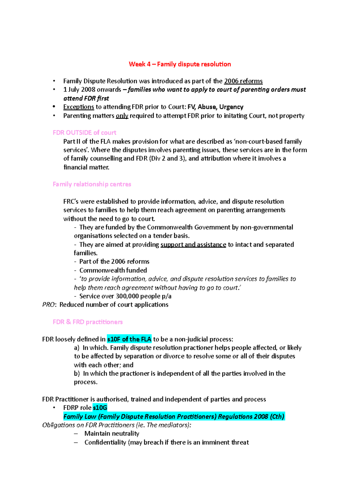 Week 4 - FL - week 4 notes family law - Week 4 – Family dispute ...