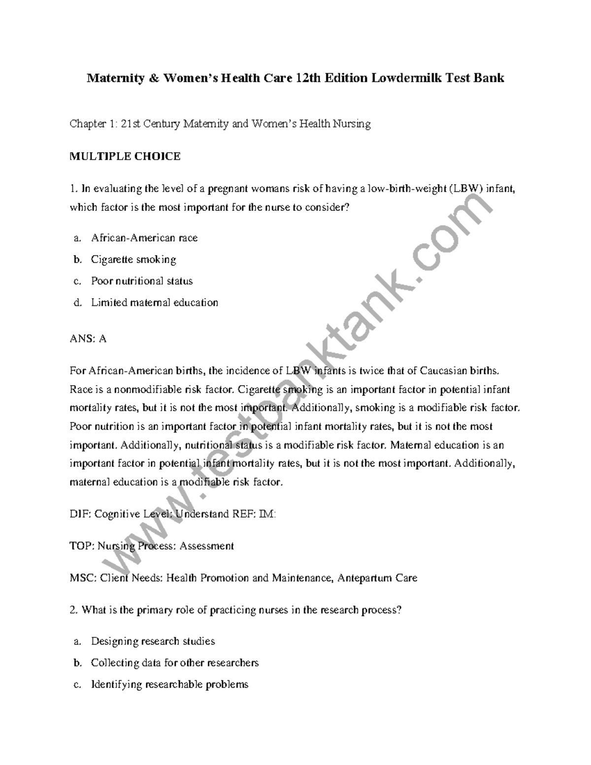 Maternity and Women s Health Care 12th Edition Lowdermilk Test Bank 1