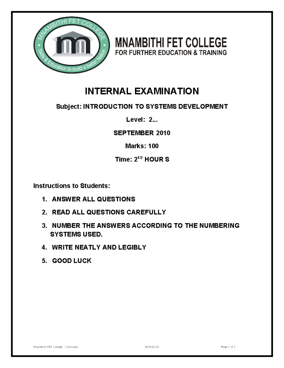 Test Cover Sheet - CIS201 - INTERNAL EXAMINATION Subject: INTRODUCTION ...