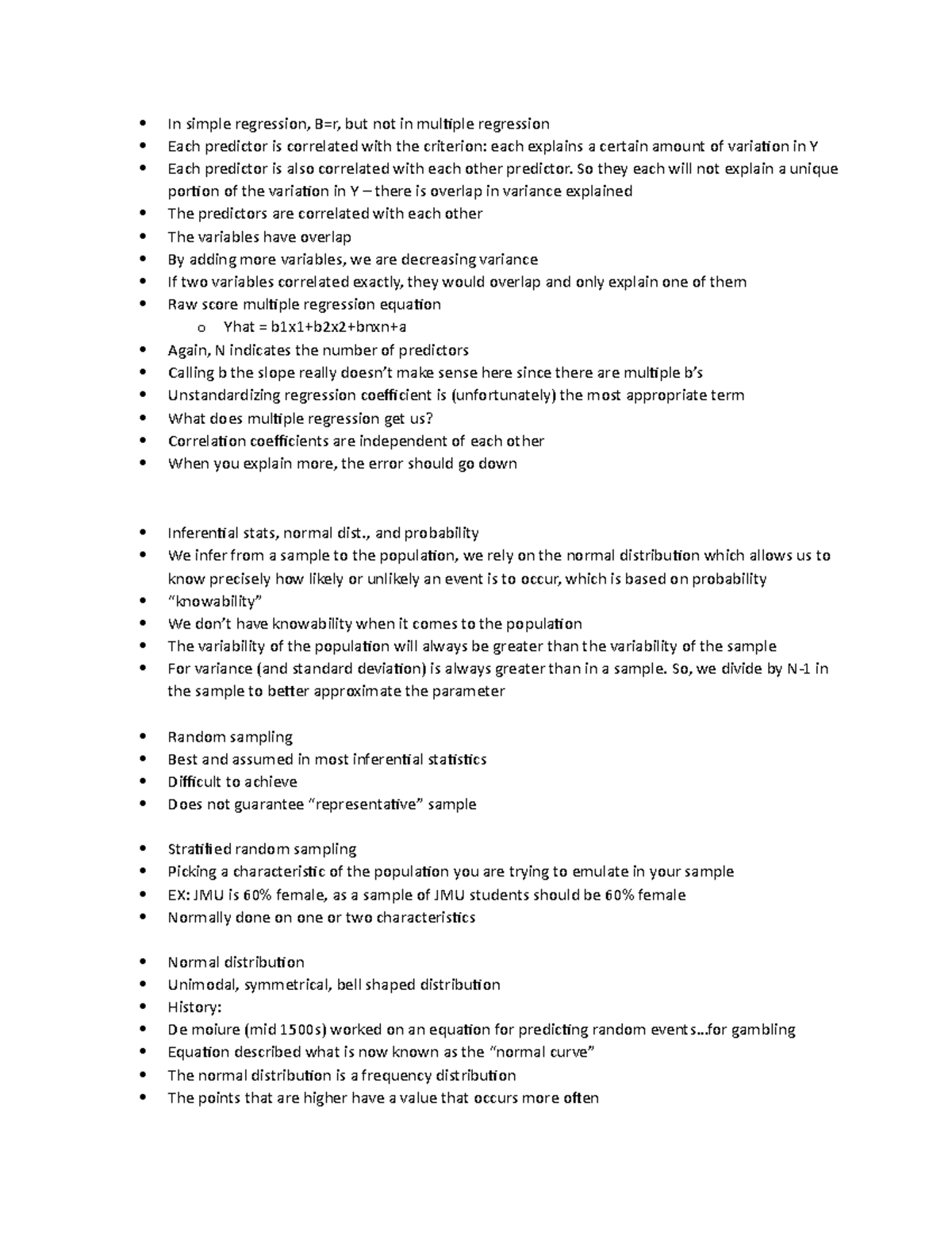 210 Exam 2 Notes - PSYC 210 Course - In Simple Regression, B=r, But Not ...