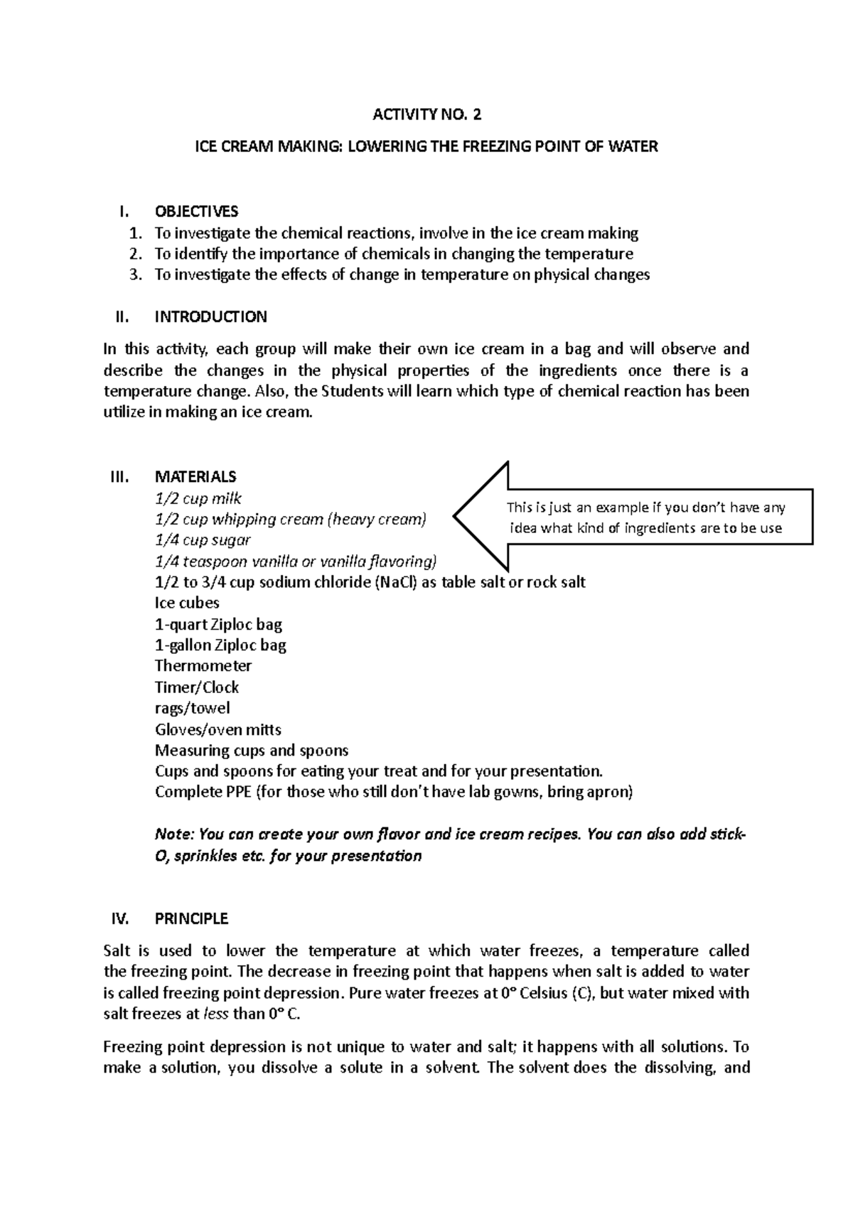 CHEM Activity NO 2 ACTIVITY NO. 2 ICE CREAM MAKING LOWERING THE FREEZING POINT OF