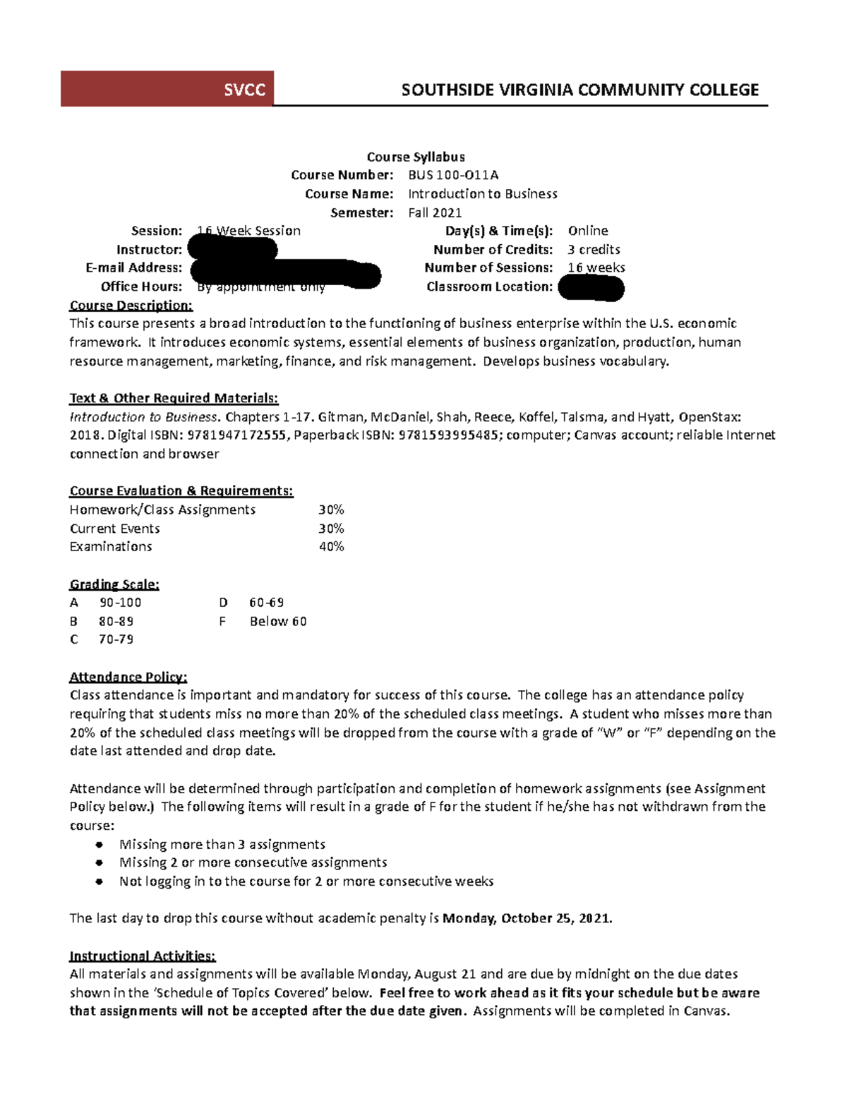 BUS 100 Syllabus Example SVCC SOUTHSIDE VIRGINIA COMMUNITY COLLEGE