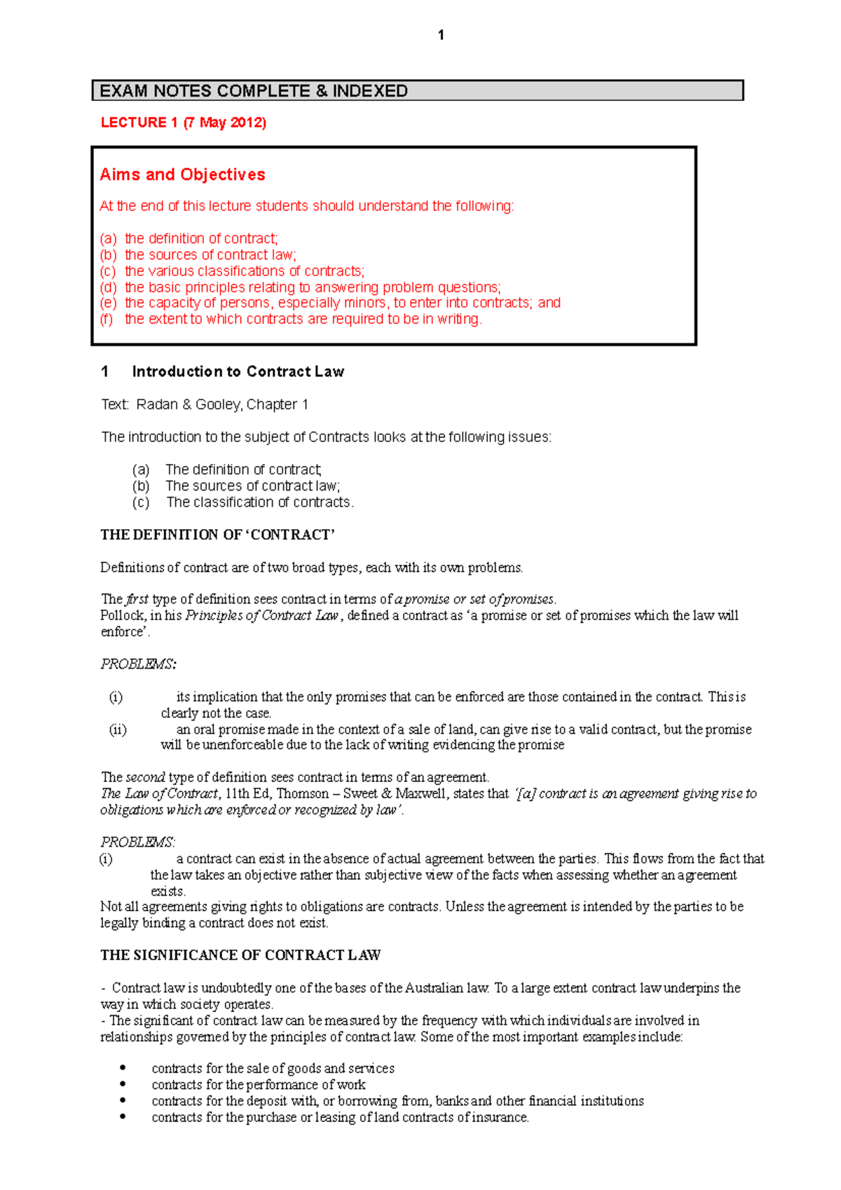 Contracts Notes Indexed 1 - EXAM NOTES COMPLETE & INDEXED LECTURE 1 (7 ...