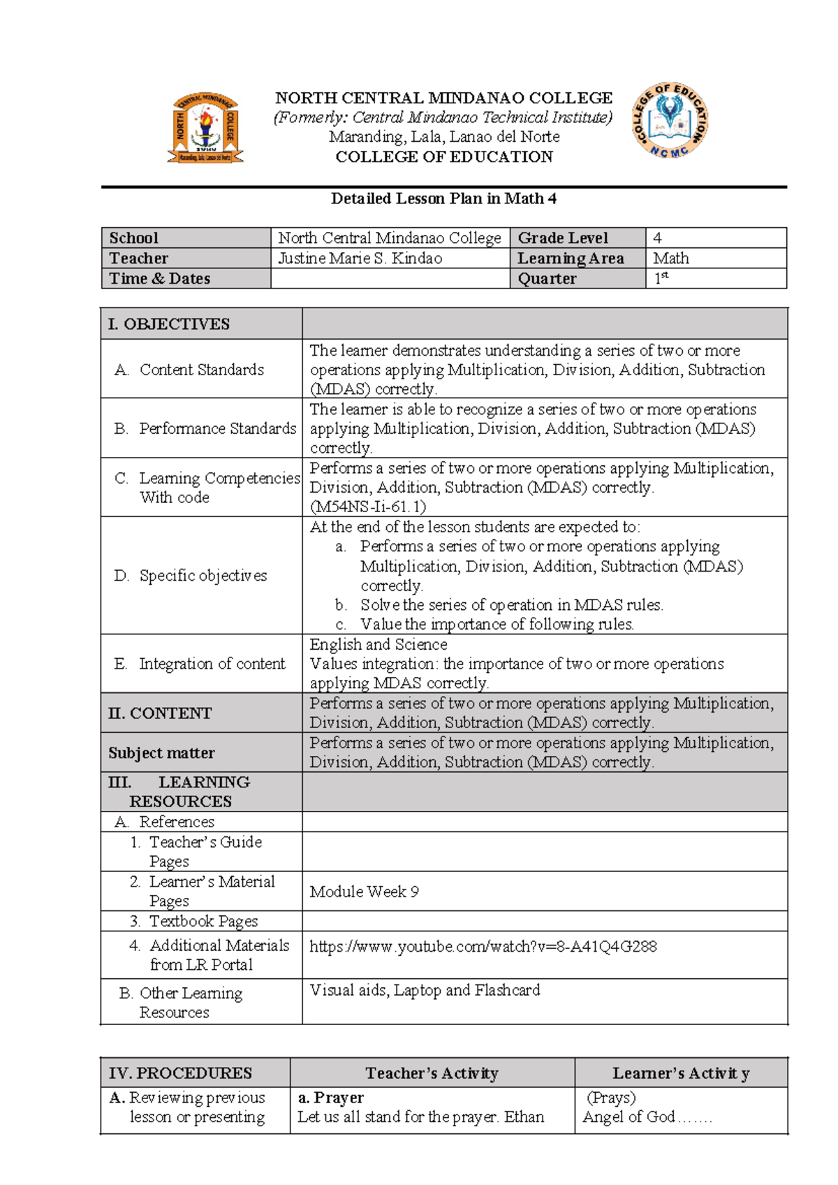 680601052 Lesson PLAN Grade 4 MATH - NORTH CENTRAL MINDANAO COLLEGE ...