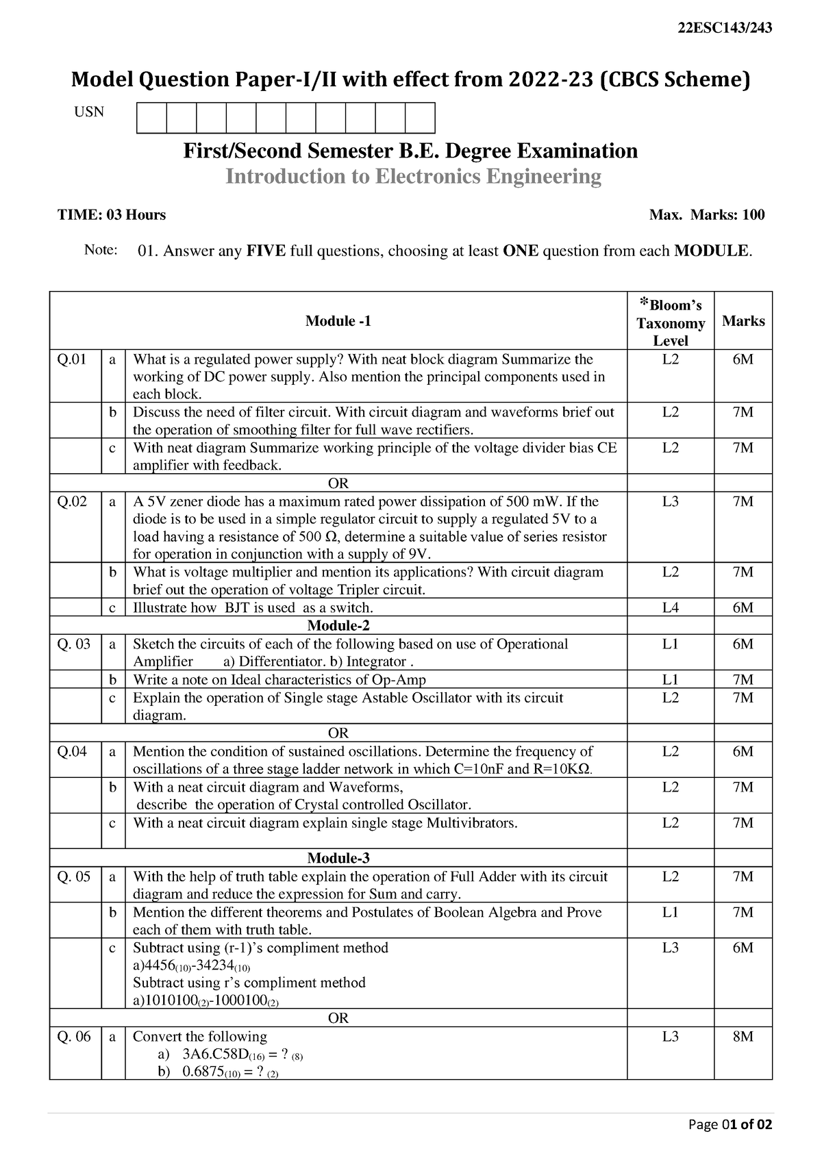 Lecturing notes - 22ESC143/ Page 01 of 02 Model Question Paper-I/II ...