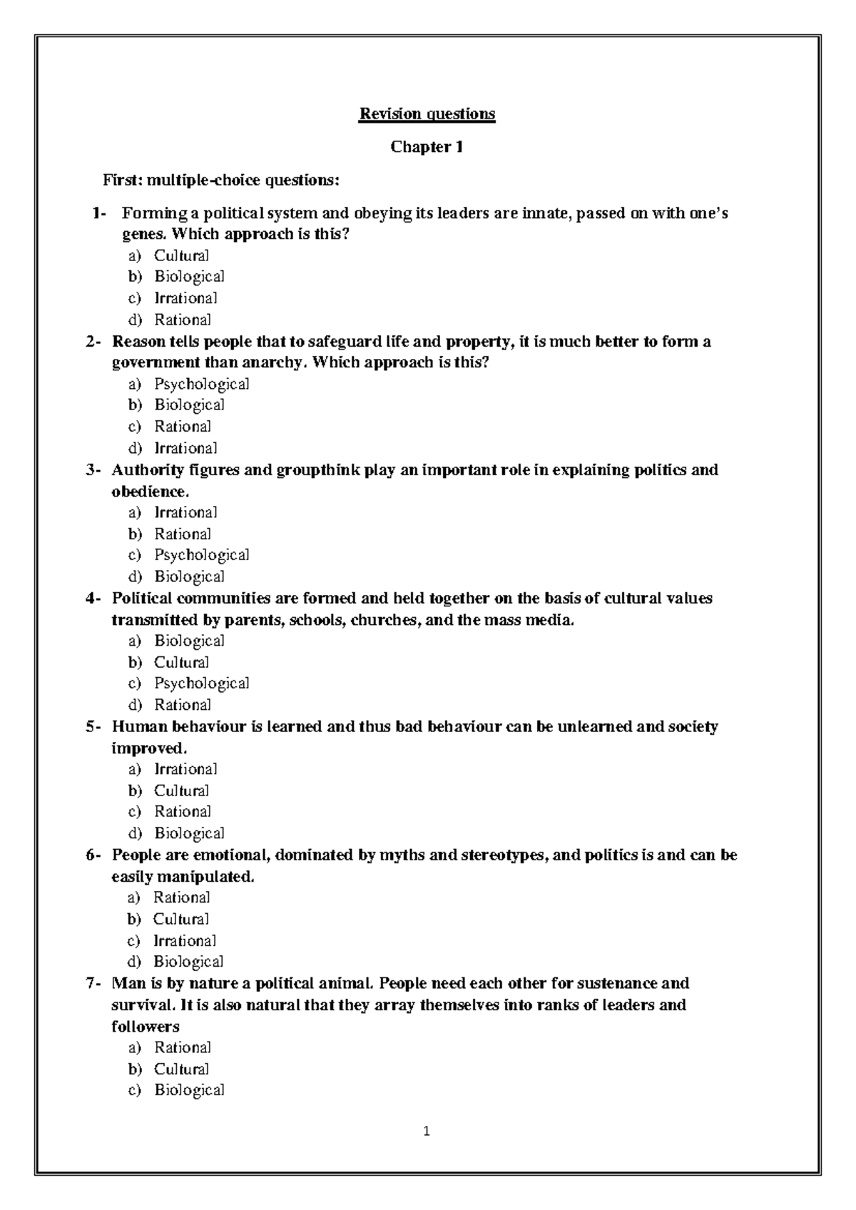 Revision questions - PS 1 - Revision questions Chapter 1 First ...