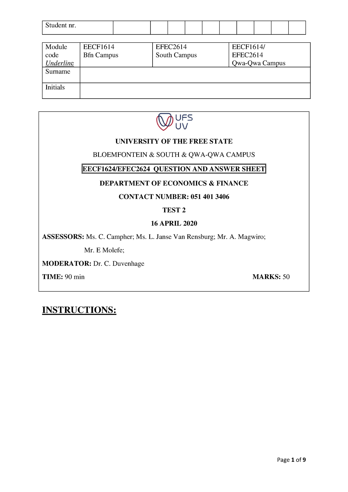 EECF1614 and EFEC2614 Test 2 2020 - Module code Underline EECF Bfn ...