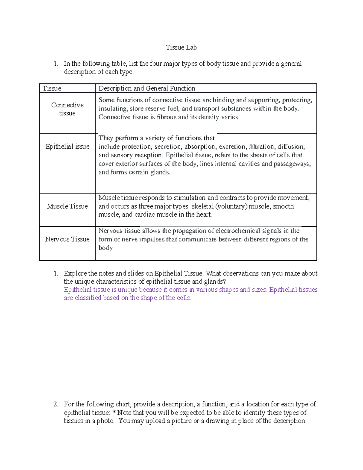 Tissue Lab- completed - lab - Tissue Lab In the following table, list ...
