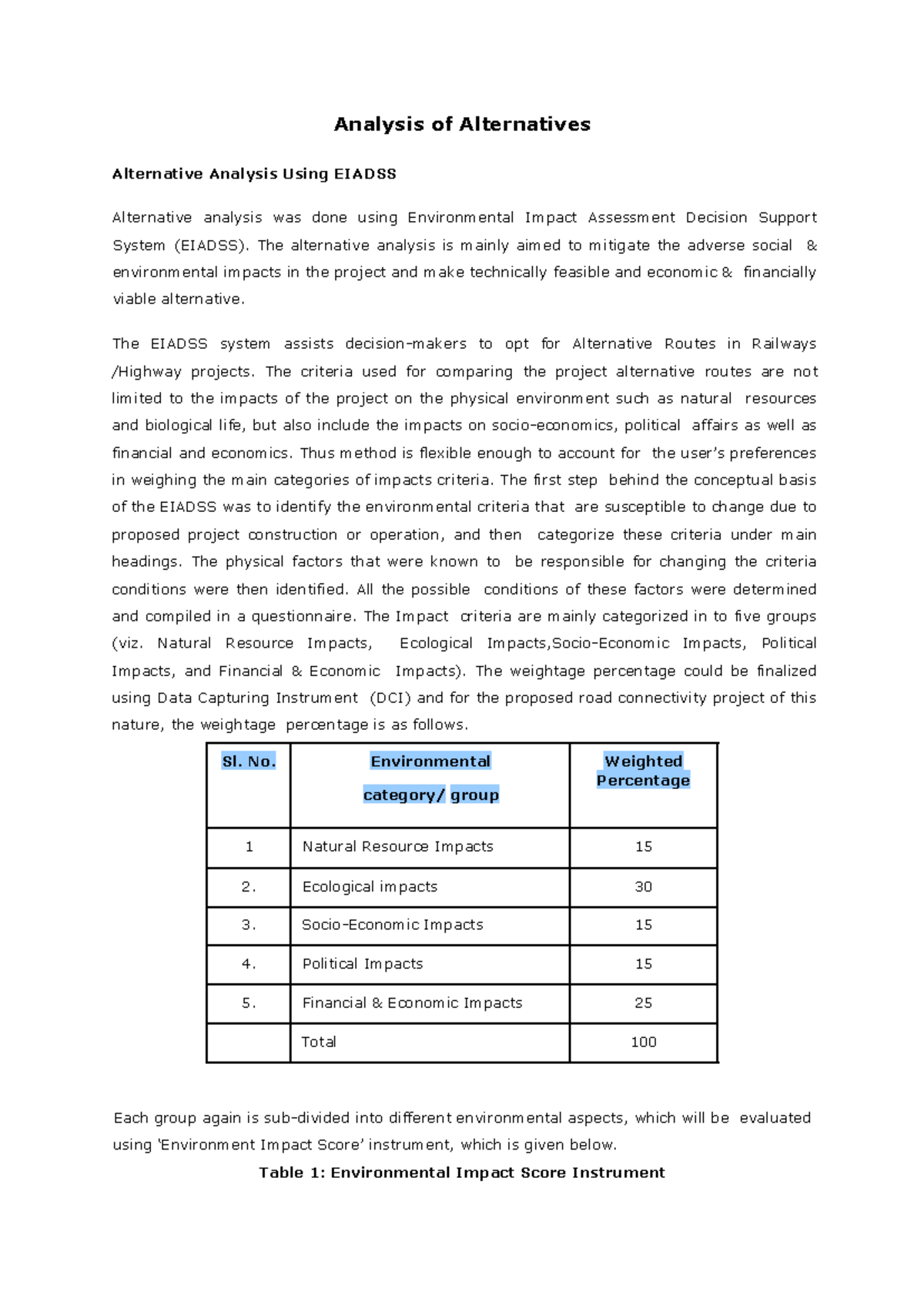 Analysis of alternatives - Analysis of Alternatives Alternative ...