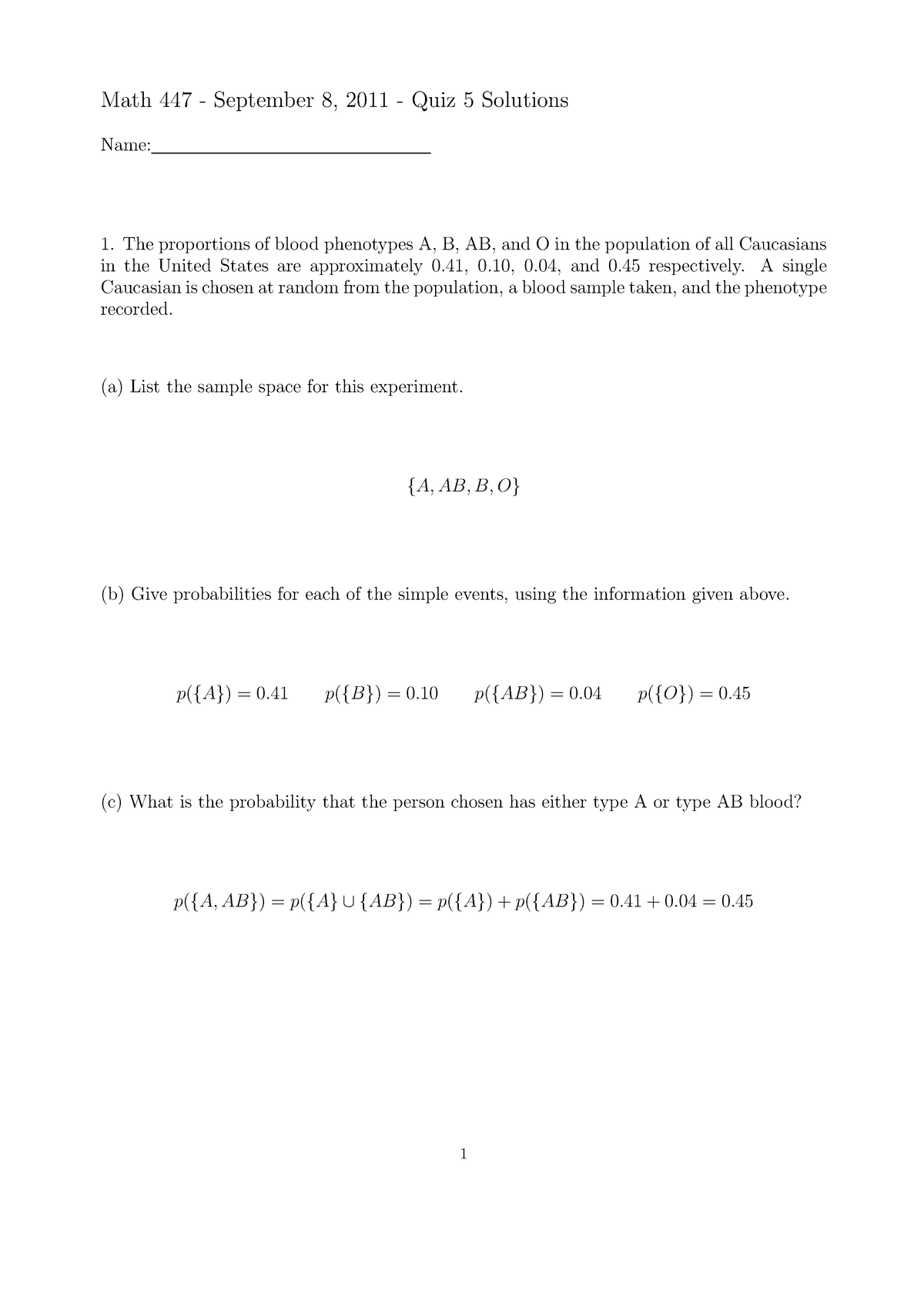 Math 447 quiz 5 w solutions 2011 intro to probability and statistics 1 ...