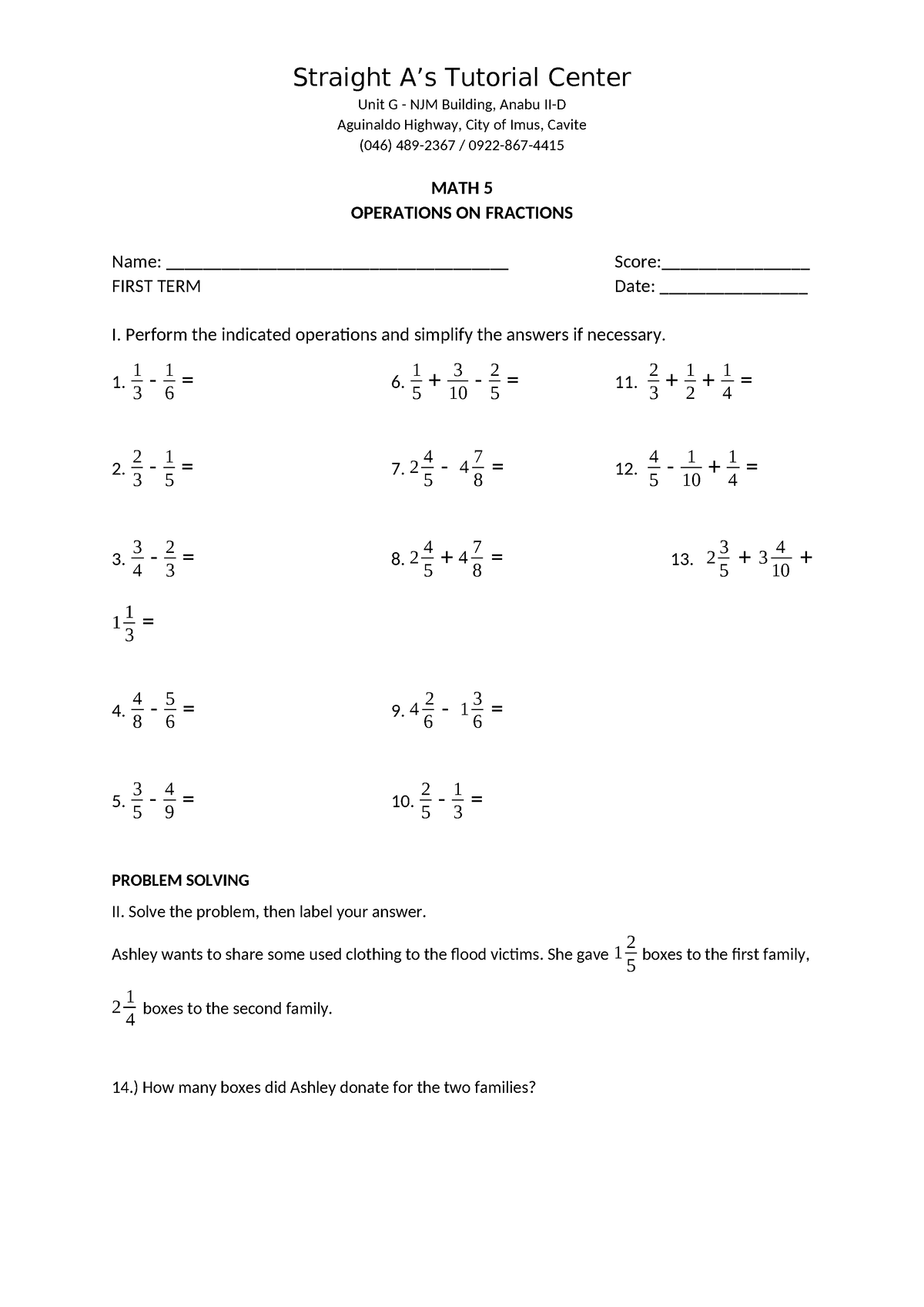 Grade 5 Addition and Subtraction of Fraction - Straight A’s Tutorial ...