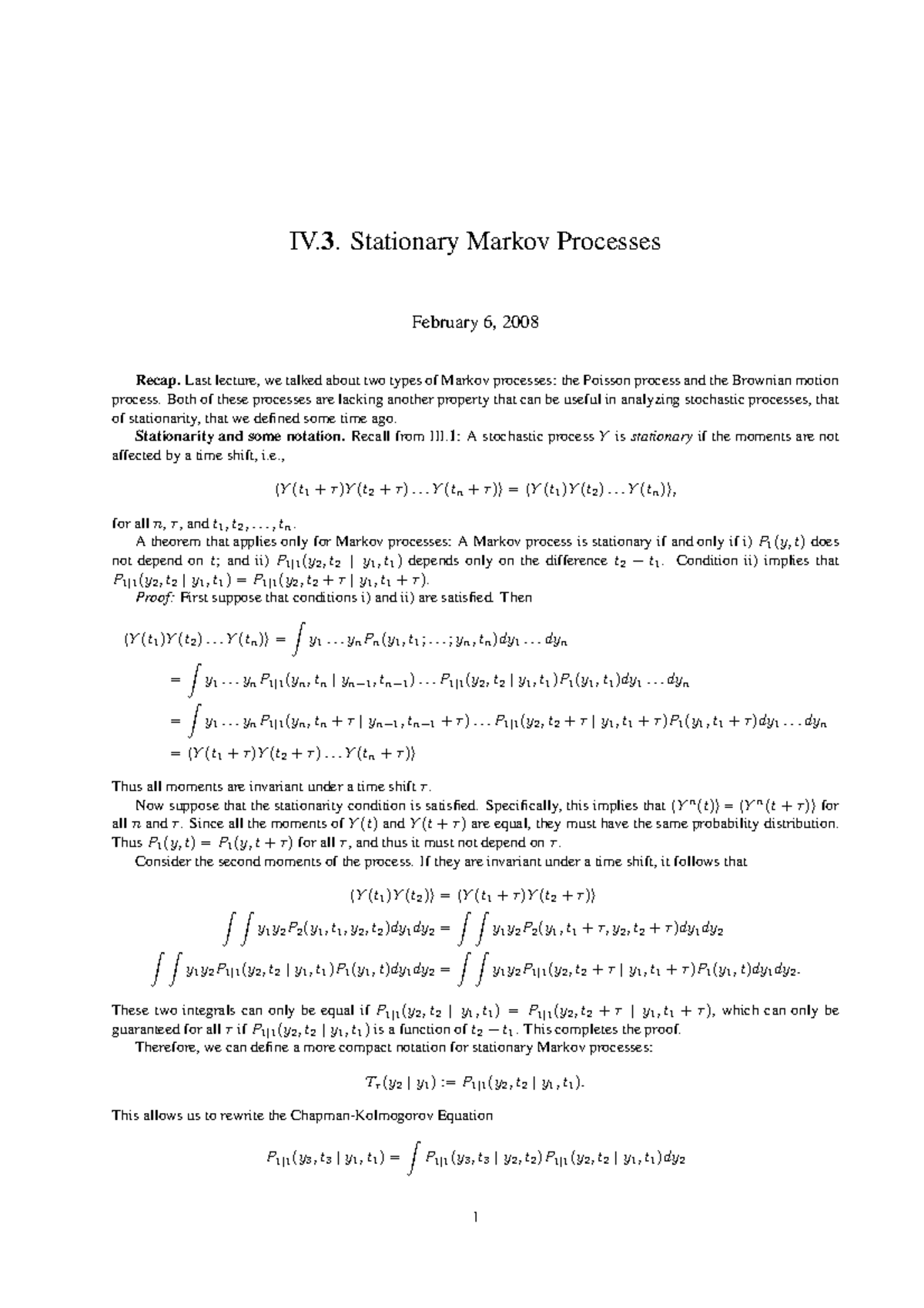 Stationary markov chains - IV. 3. Stationary Markov Processes February ...