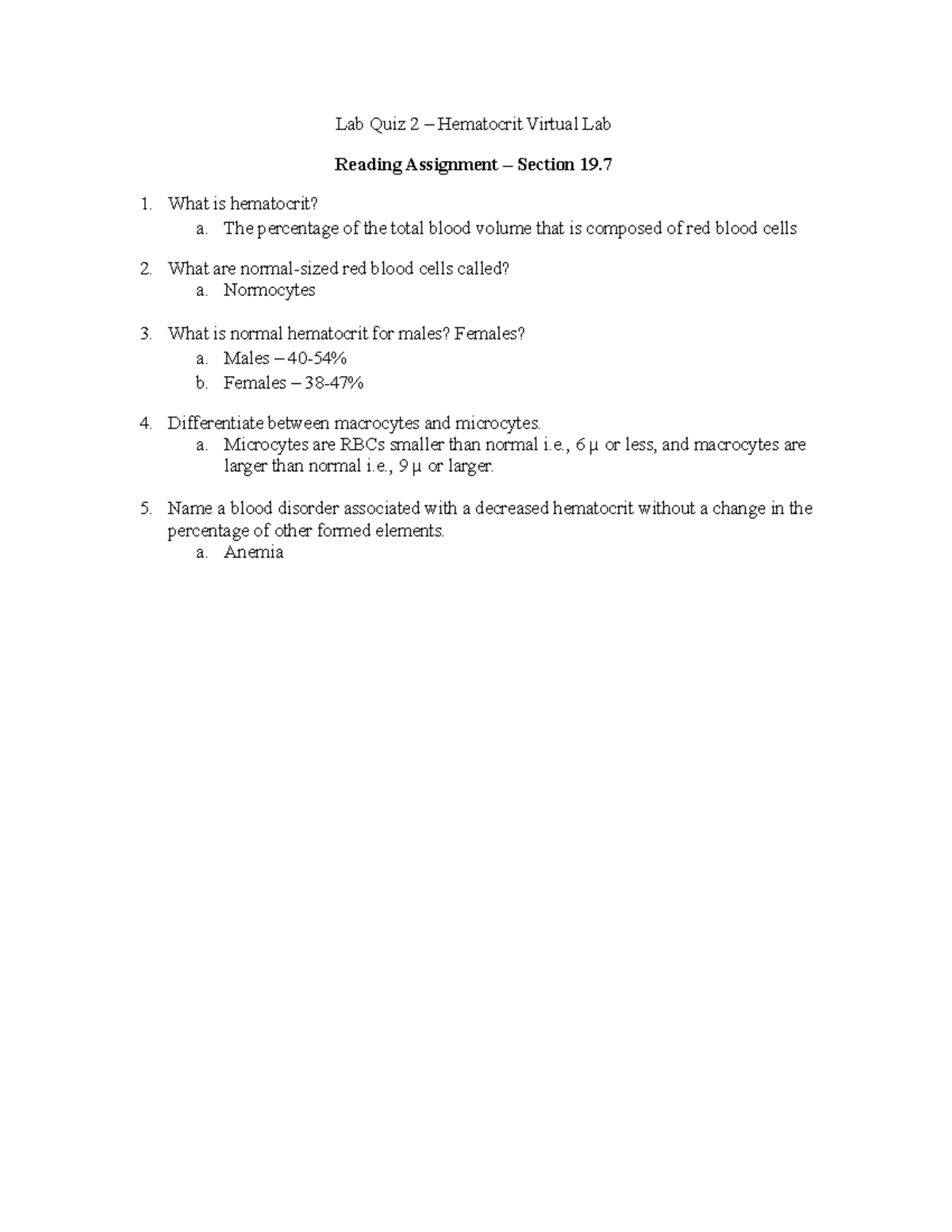 Lab Quiz 2 Practice Lab Quiz 2 Hematocrit Virtual Lab Reading