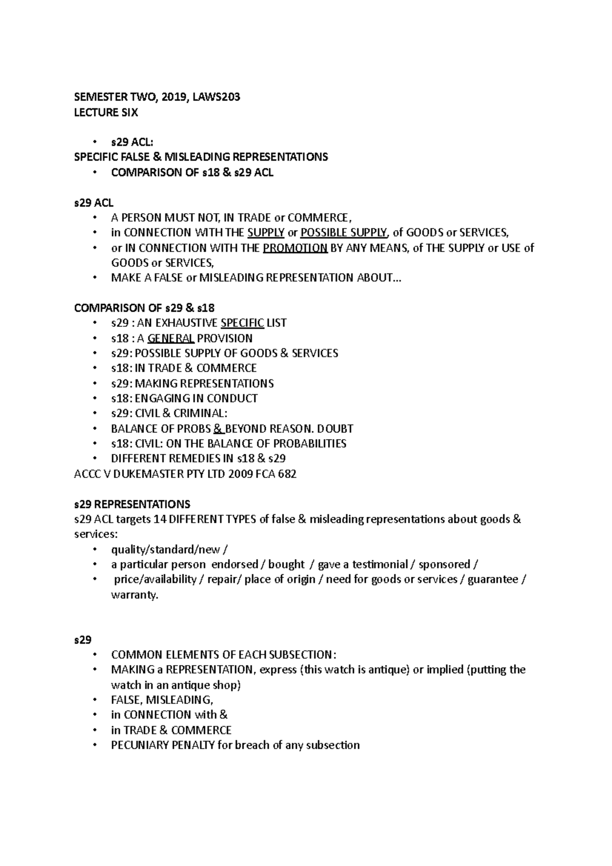 Laws203 Week 6 SEMESTER TWO 2019 LAWS LECTURE SIX S29 ACL SPECIFIC