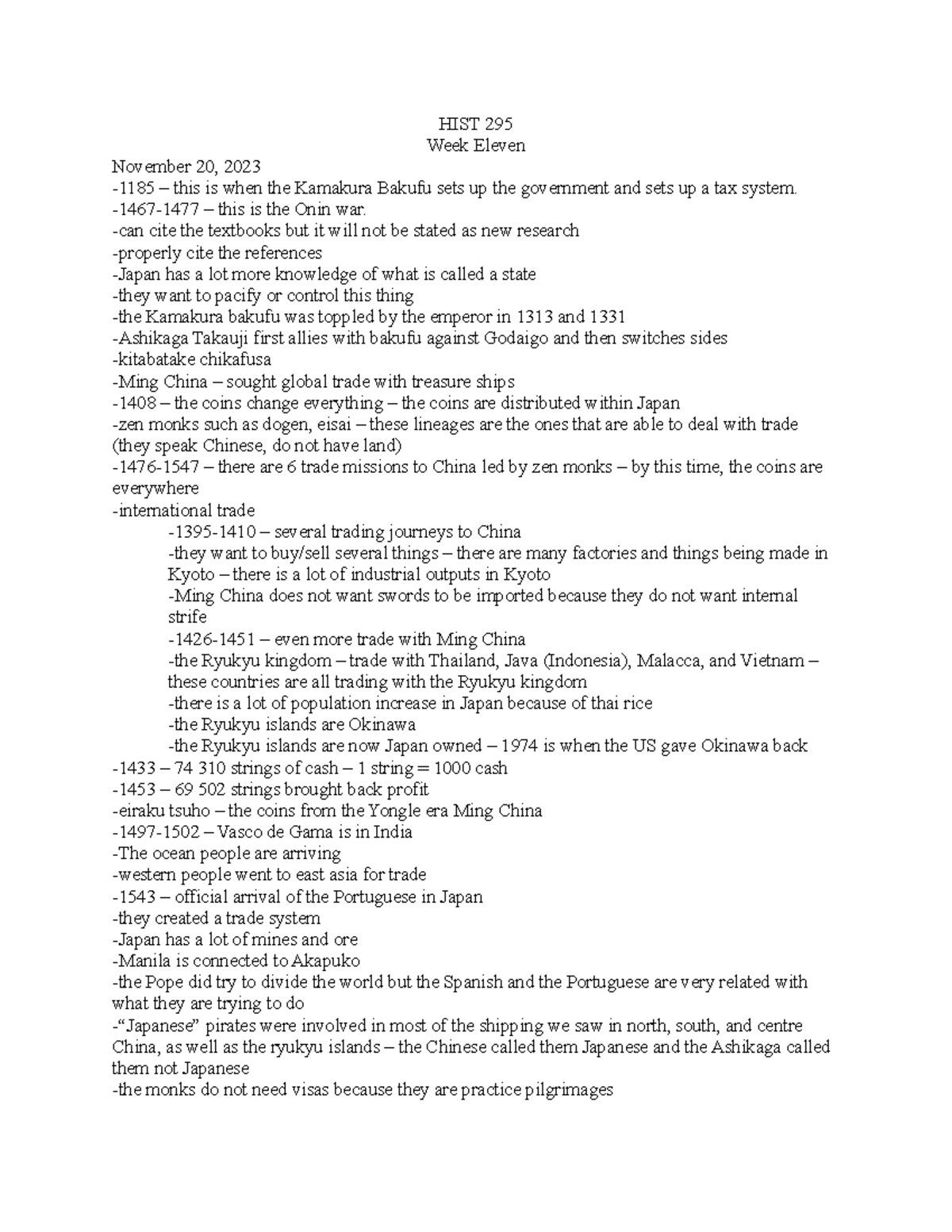 HIST 295 - Week Eleven Notes - HIST 295 Week Eleven November 20, 2023