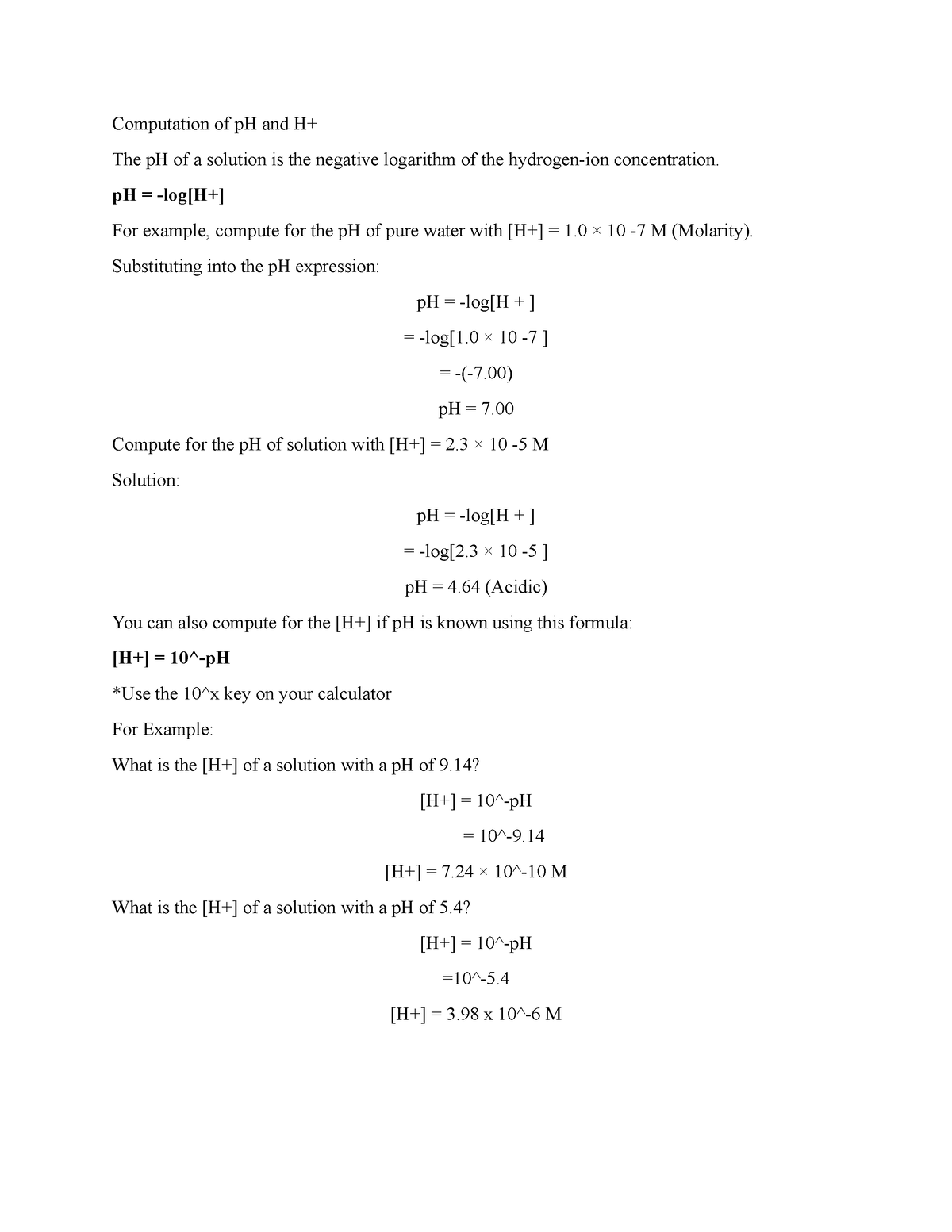 Reviewer_psthe lec - Computation of pH and H+ The pH of a solution is ...