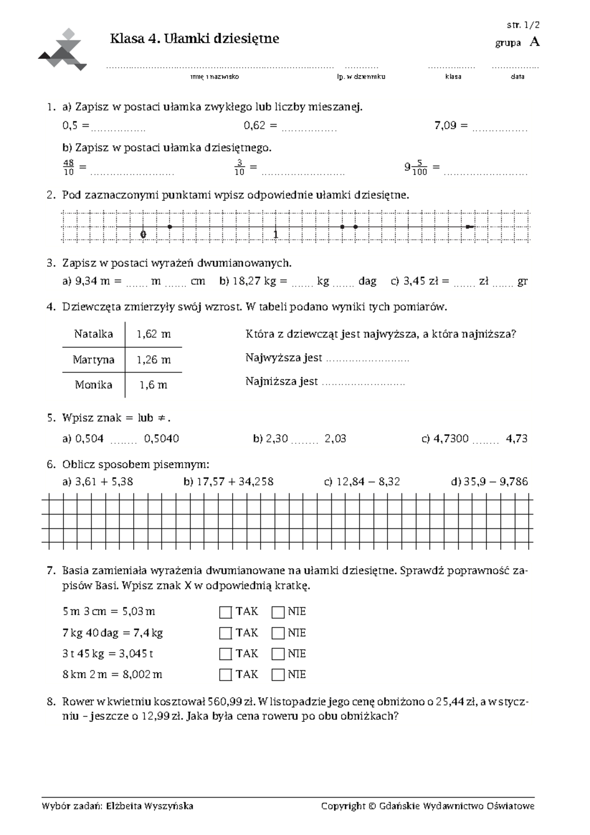 Klasa Czwarta Ułamki Dziesiętne Sprawdzian Klasa 4