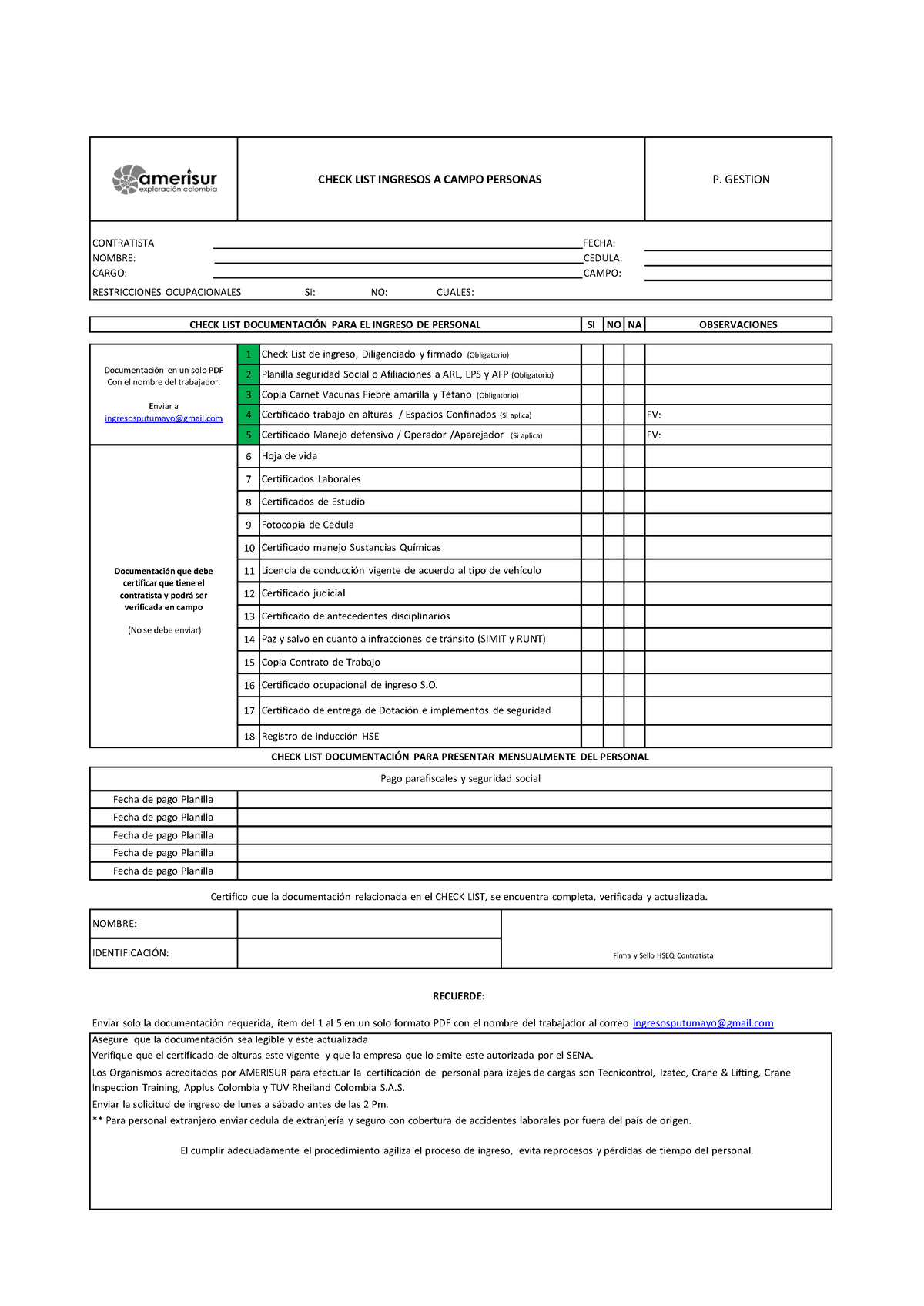 Check List Ingreso A Campo Personas Bloques Putumayo - CONTRATISTA ...