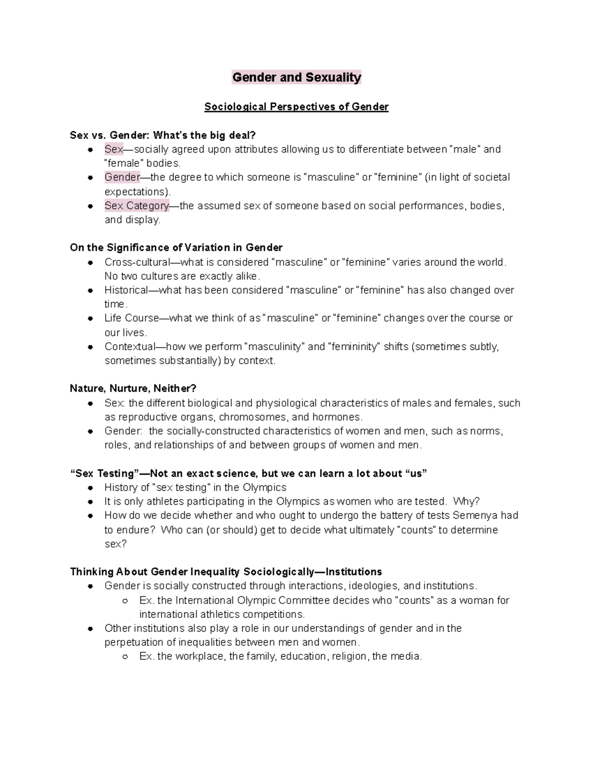 Week 7 Notes Gender And Sexuality Gender And Sexuality Sociological Perspectives Of Gender 4298