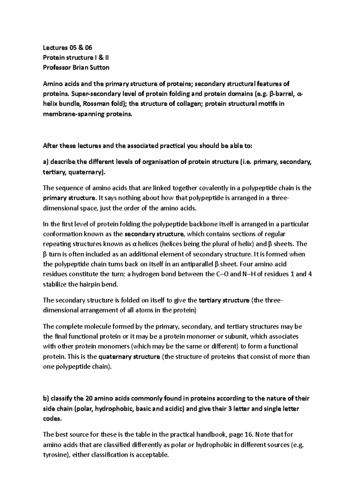 Summary of protein structure lectures Lectures 05 & 06 Protein