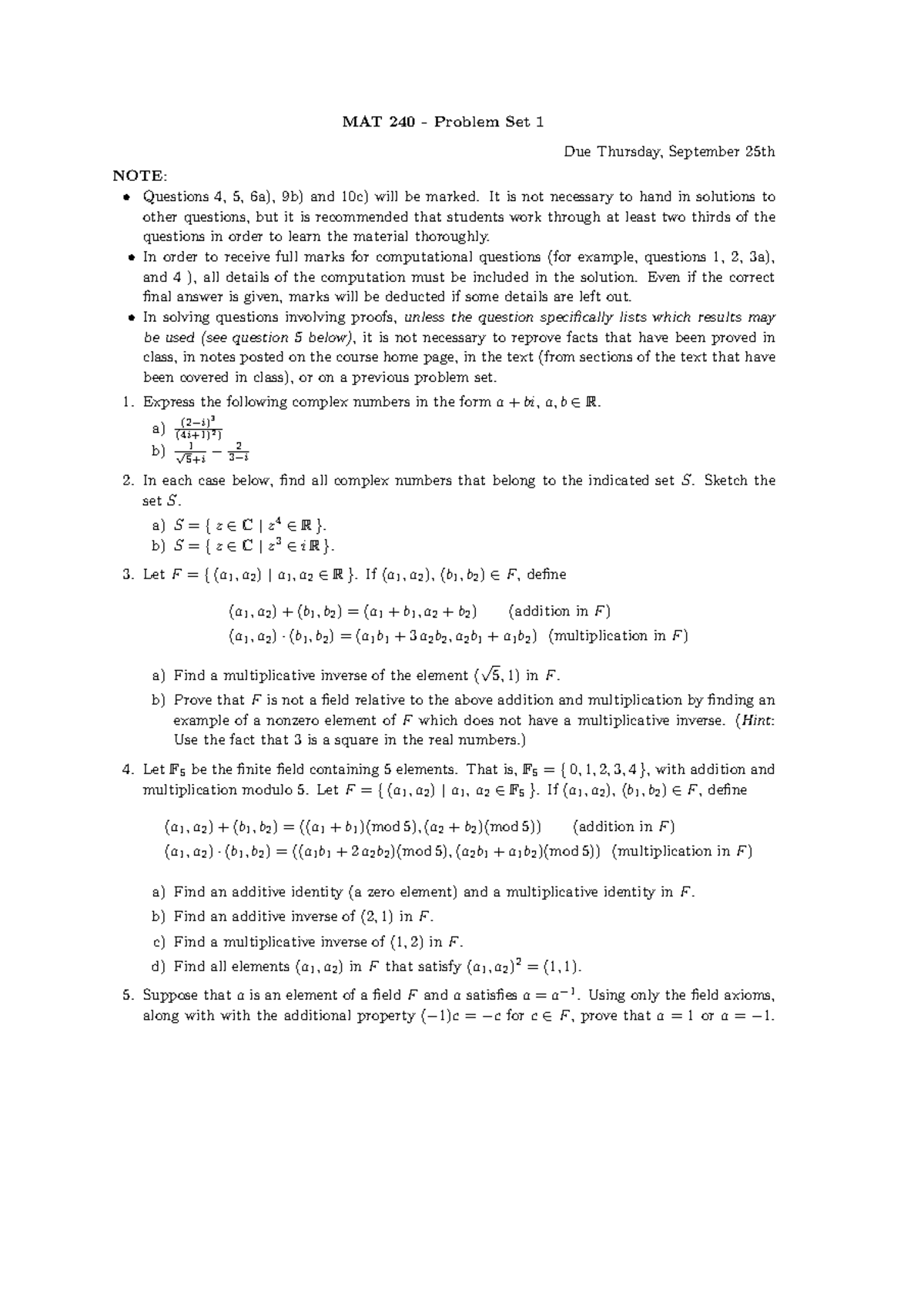 Ps1 - Questions - MAT 240 - Problem Set 1 Due Thursday, September 25th ...