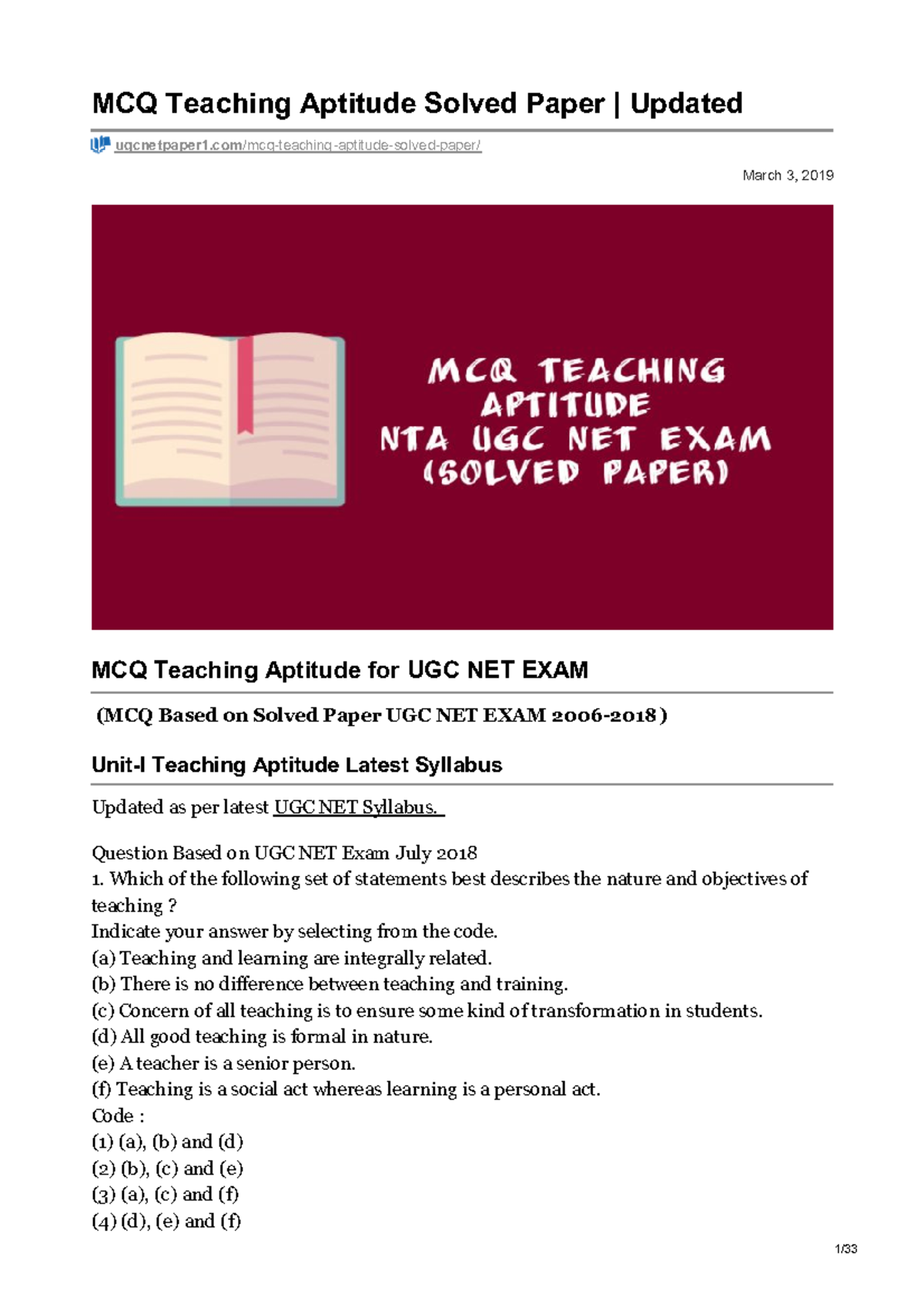 Teaching Aptitude Study Notes Part 7 - March 3, 2019 MCQ Teaching ...
