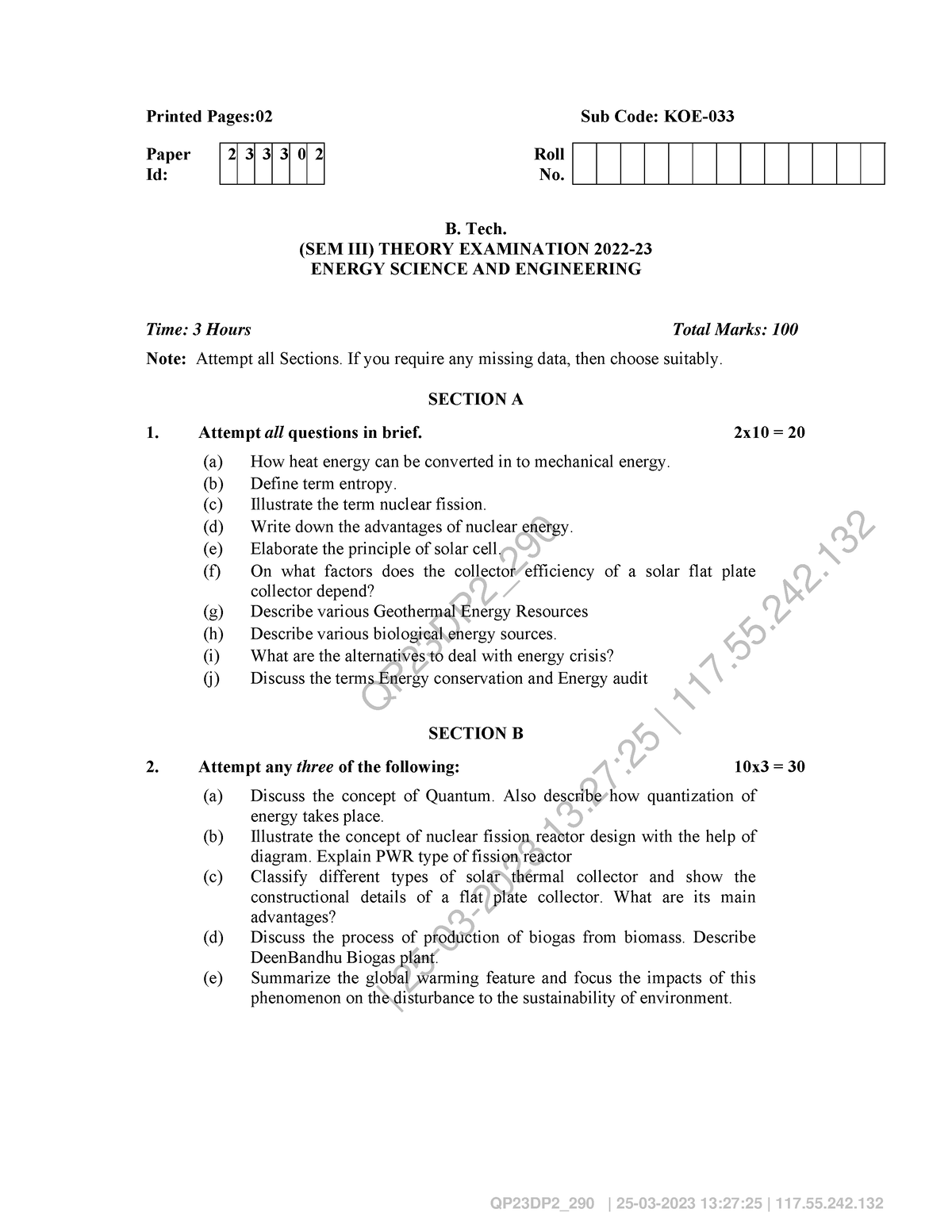 Btech oe 3 sem energy science and engineering koe 033 2023 - QP23DP2 ...