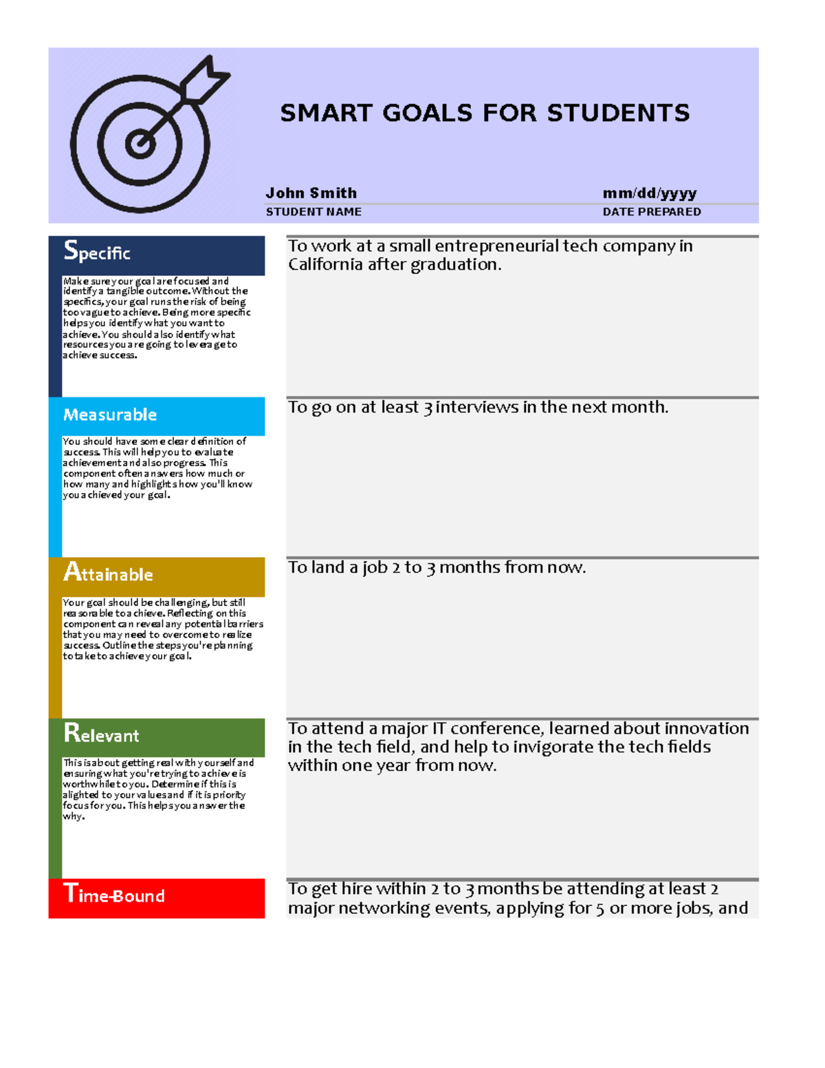 Smart Goals (Students) - Template Lab - SMART GOALS FOR STUDENTS John ...