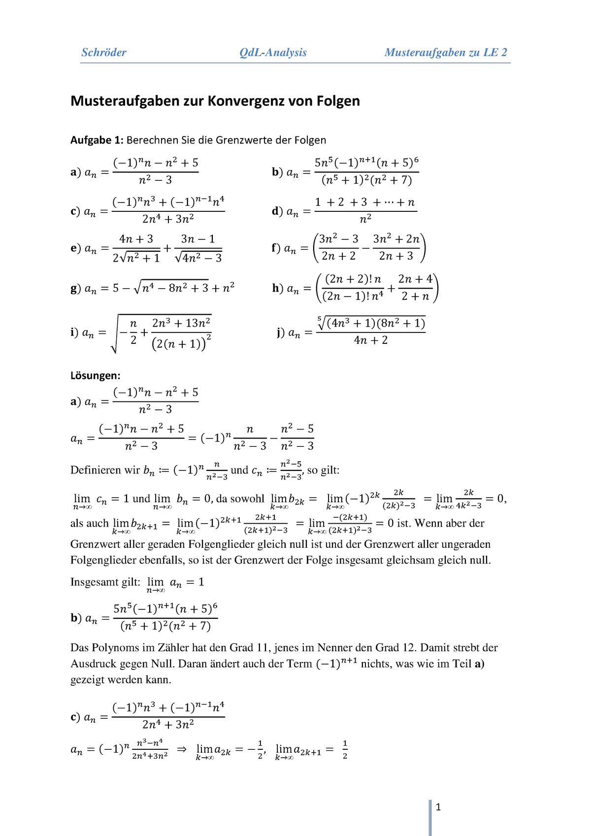 Musteraufgaben Zur Konvergenz Von Folgen - Schröder QdL-Analysis ...